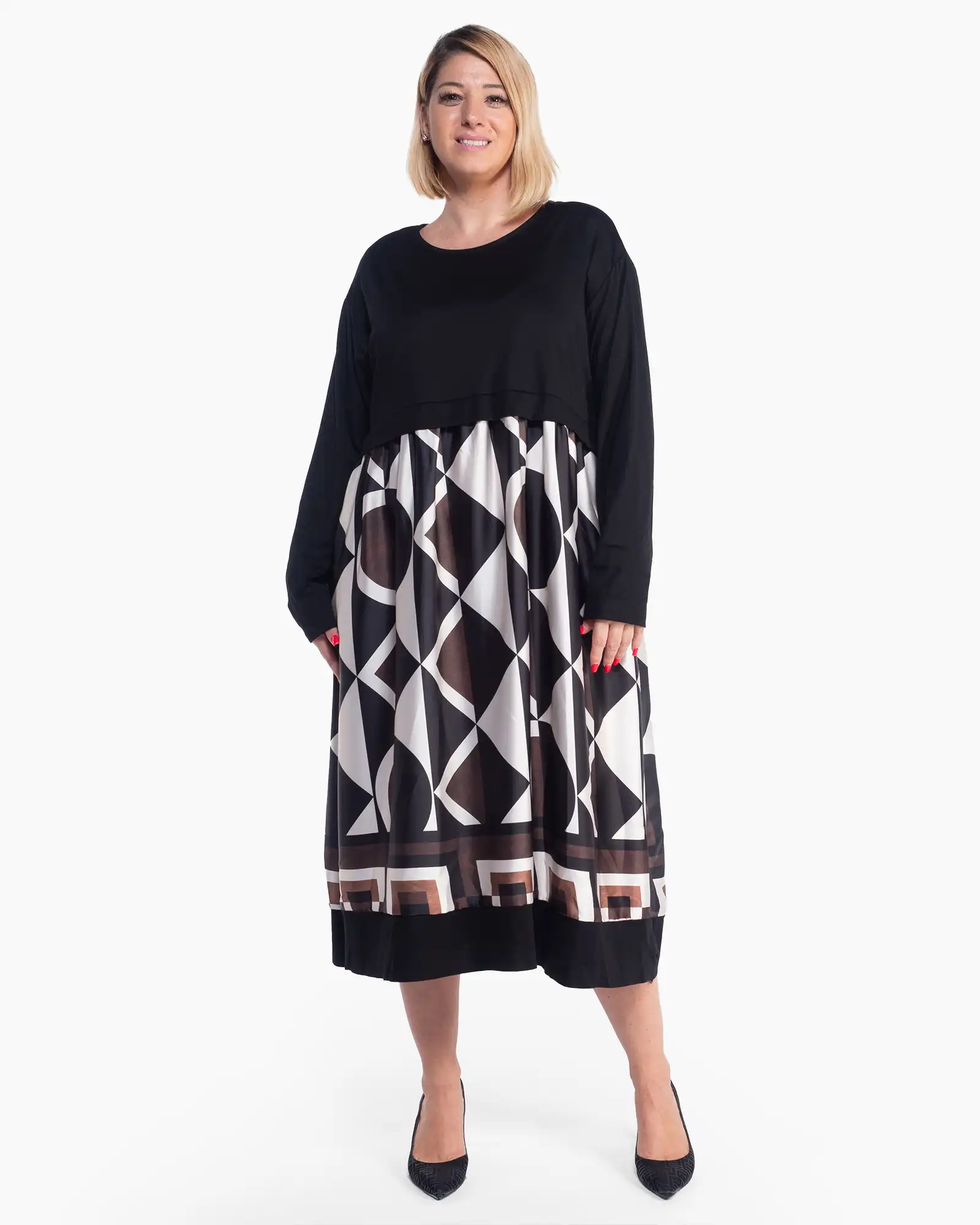 Produse noi - Rochie neagră midi elegantă cu imprimeu abstract și linie fluidă