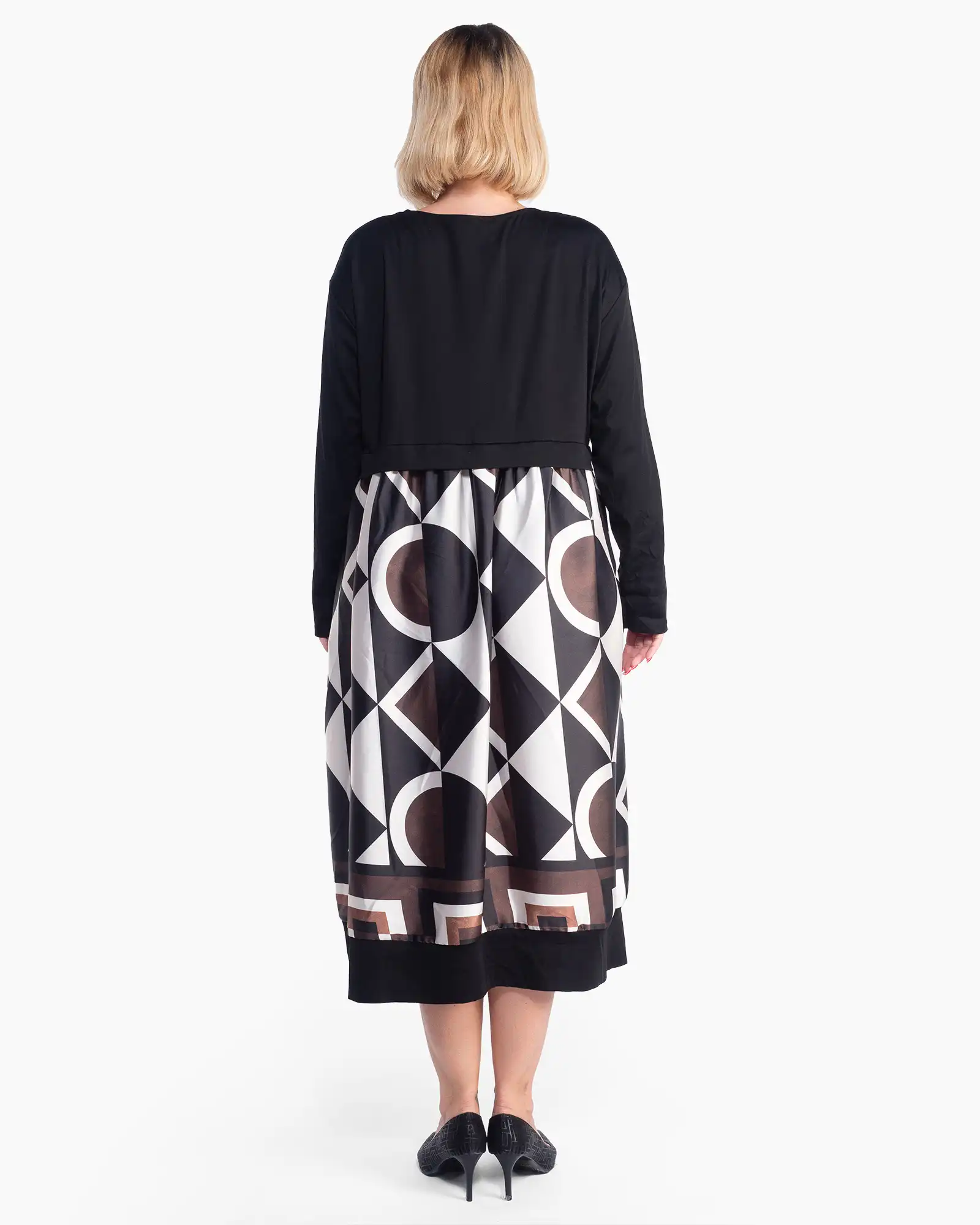 Rochie neagră midi elegantă cu imprimeu abstract și linie fluidă [1]