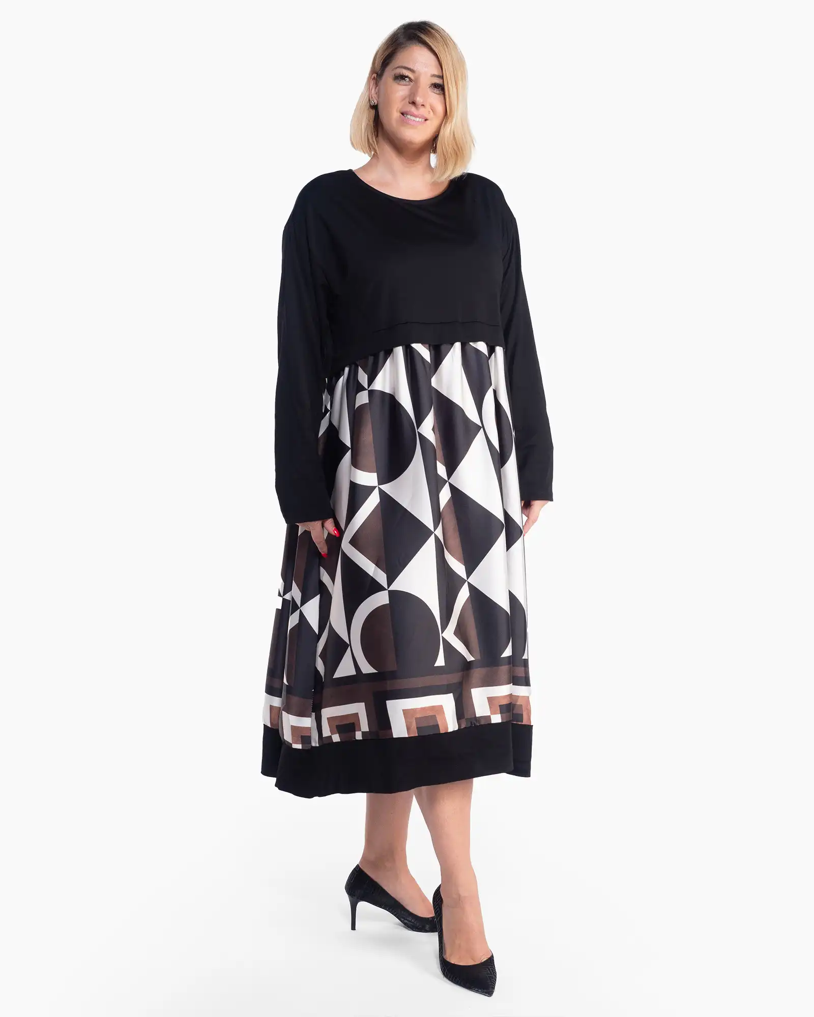 Rochie neagră midi elegantă cu imprimeu abstract și linie fluidă [2]