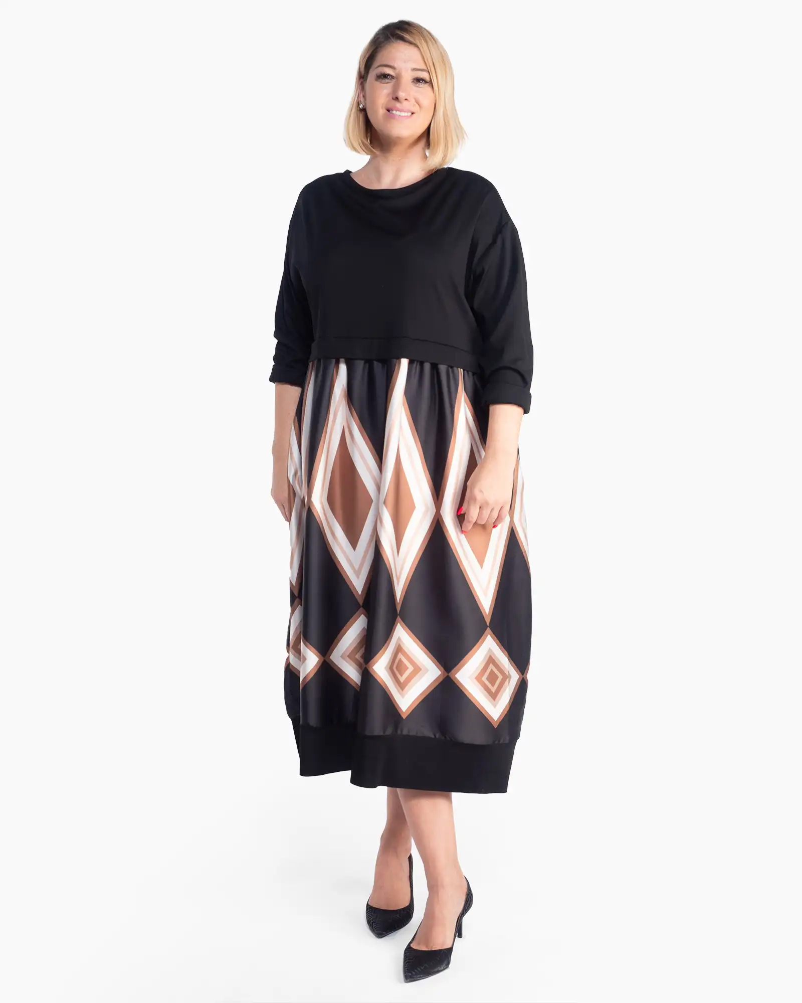 Produse noi - Rochie neagră midi elegantă cu imprimeu geometric și linie fluidă