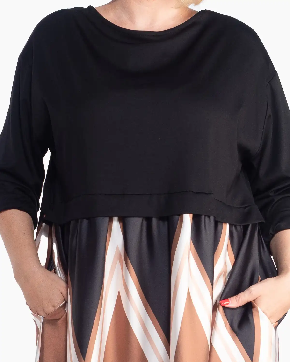 Rochie neagră midi elegantă cu imprimeu geometric și linie fluidă [3]