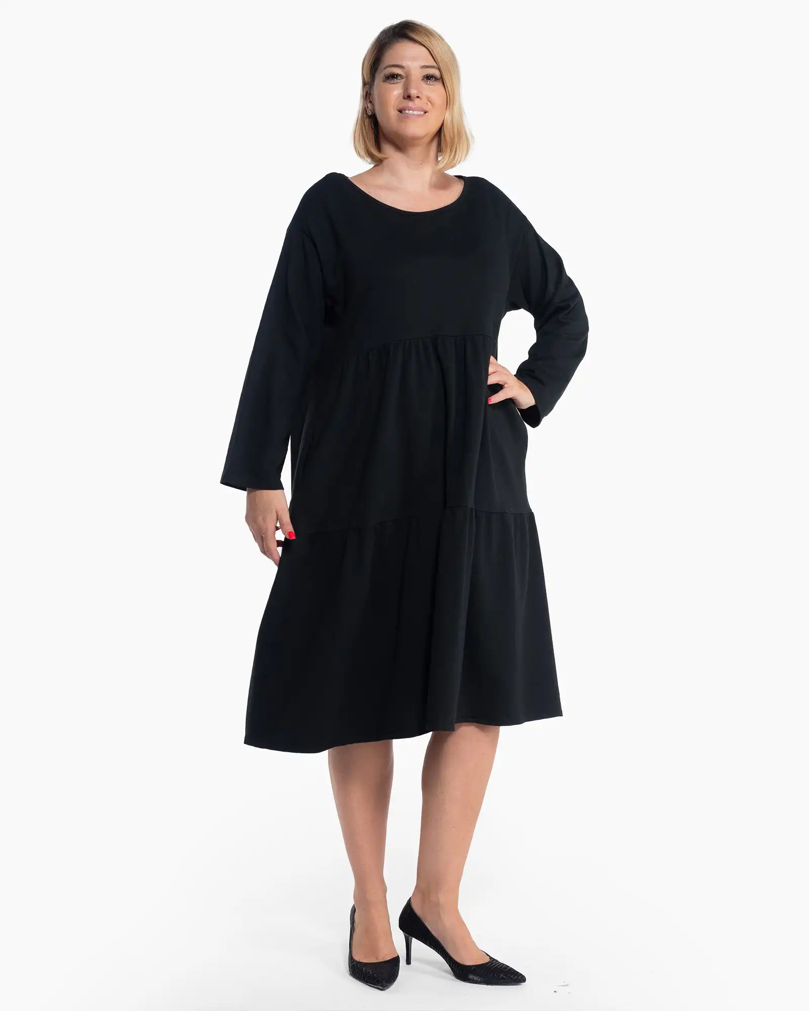 Rochii - Rochie neagră midi lejeră cu volane și mâneci lungi