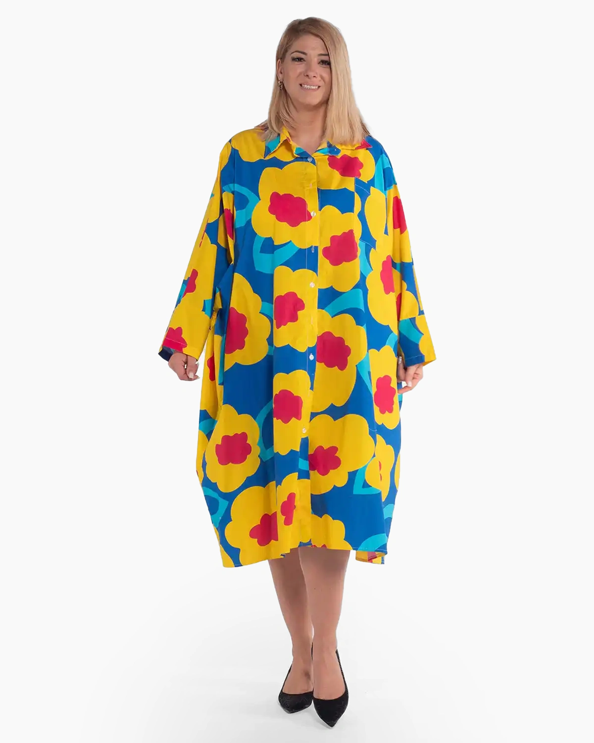Mărimi mari - Rochie oversize multicoloră din bumbac cu imprimeu floral și buzunare ascunse