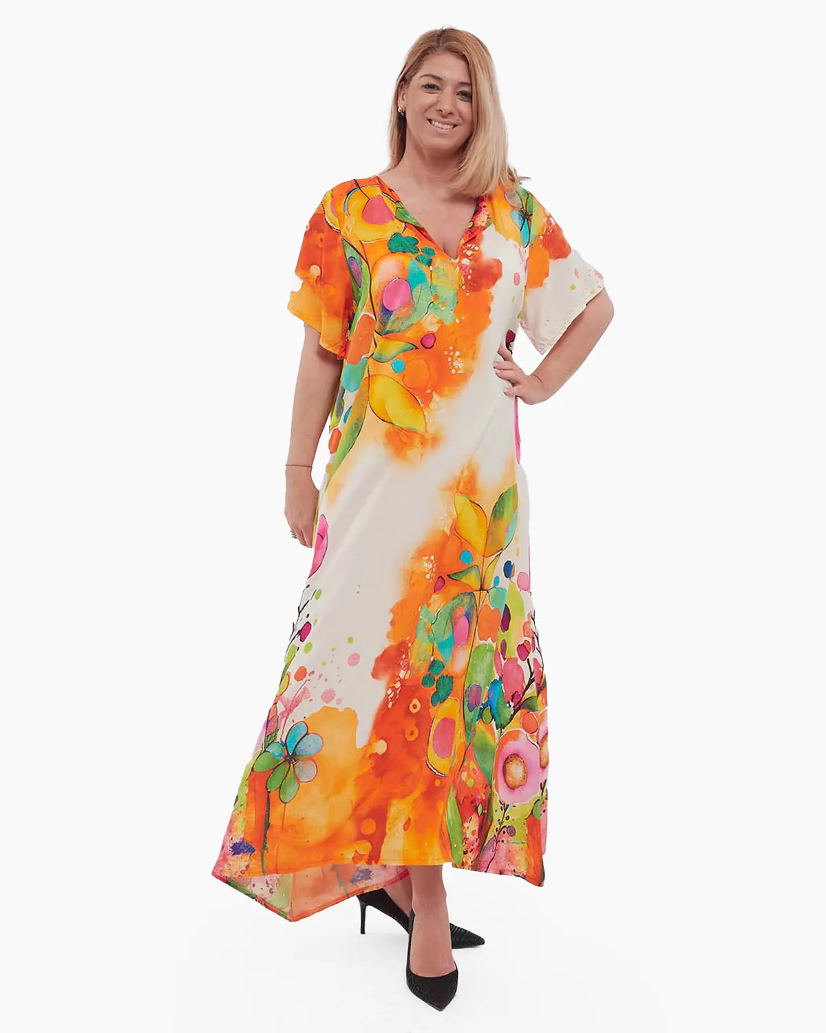 Rochii din Vâscoză - Rochie portocalie maxi smart casual cu imprimeu floral din vâscoză