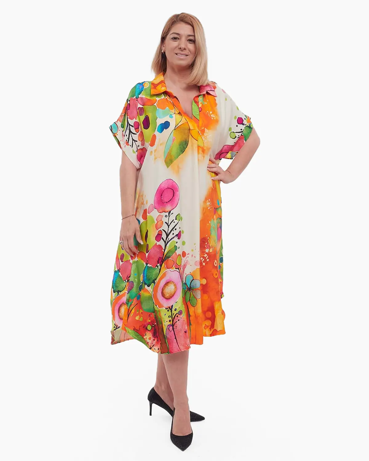 Rochie portocalie midi lejeră din vâscoză cu imprimeu floral în stil smart casual [2]