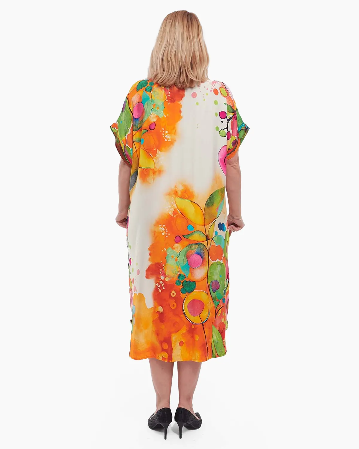Rochie portocalie midi lejeră din vâscoză cu imprimeu floral în stil smart casual [1]