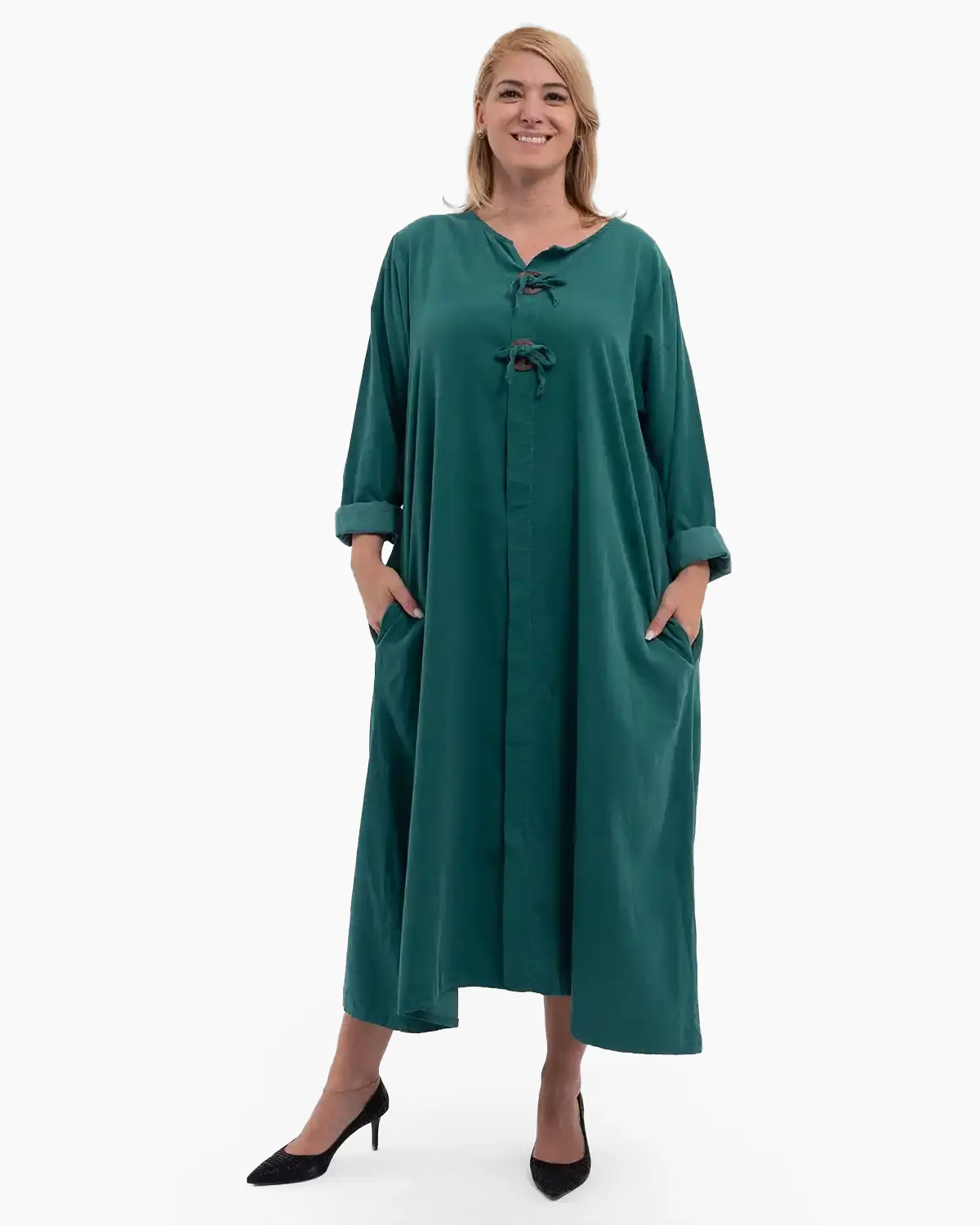 Rochii - Rochie raiată lungă din bumbac cu nasturi la piept verde