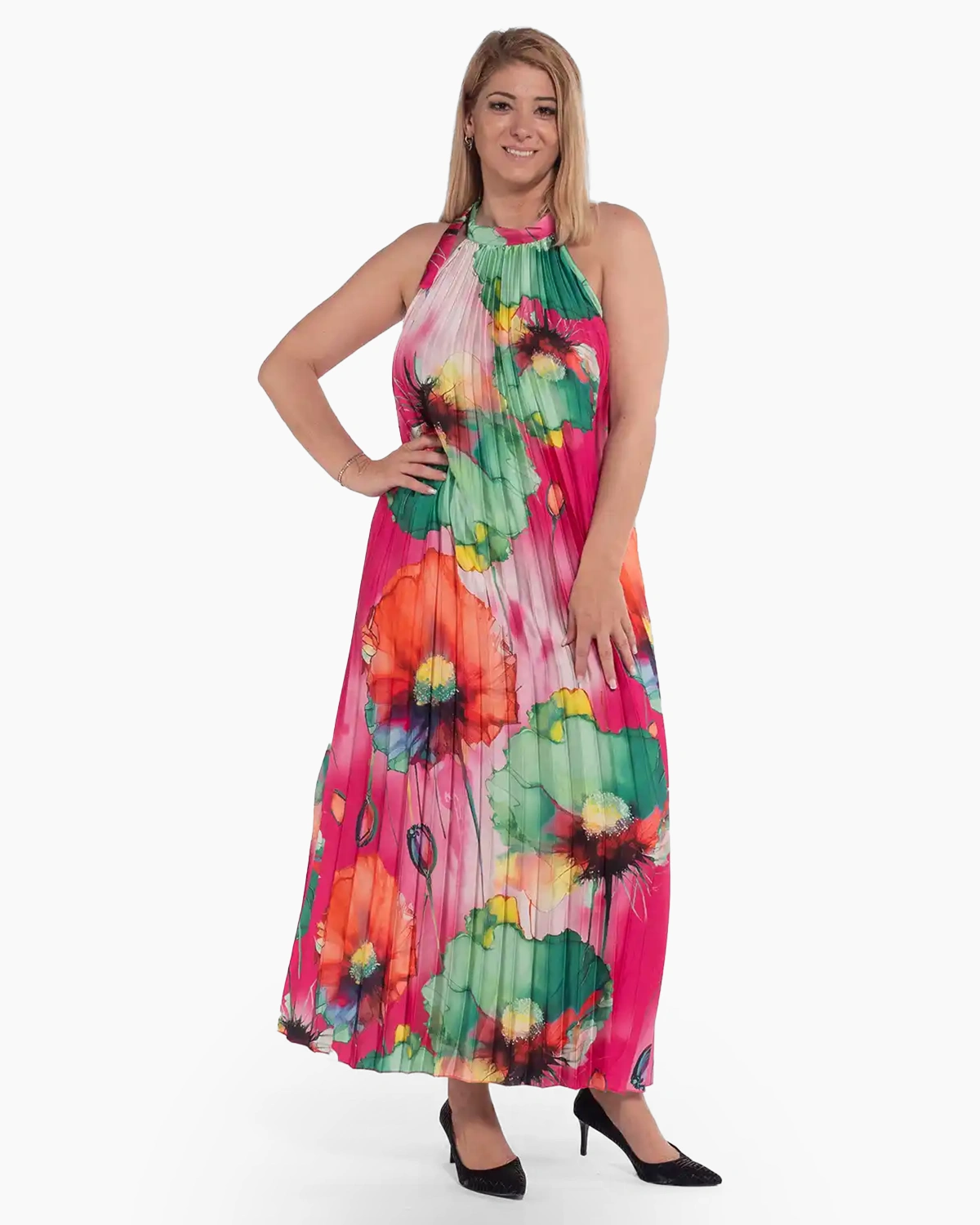 Rochii - Rochie roșie maxi plisată stil glam cu imprimeu floral