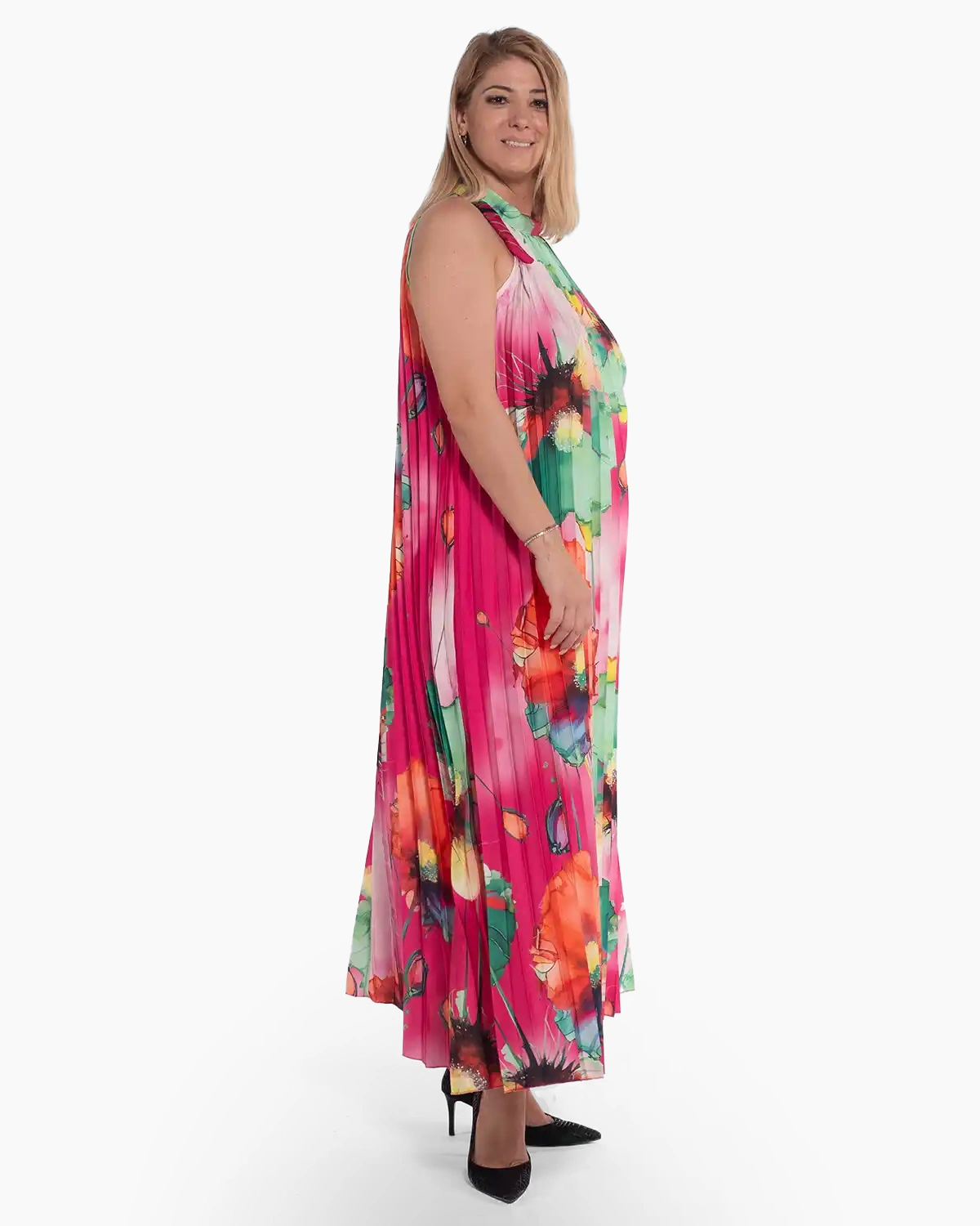 Rochie roșie maxi plisată stil glam cu imprimeu floral [3]