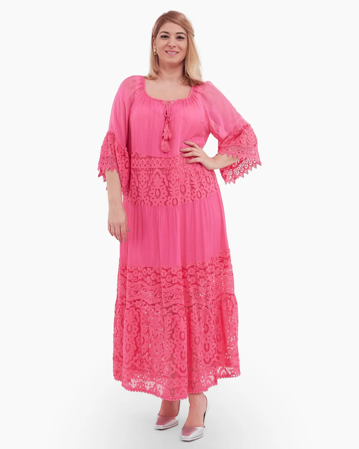 Rochii din Vâscoză - Rochie roz deschis, cu matase si dantela si decolteu accesorizat cu snur