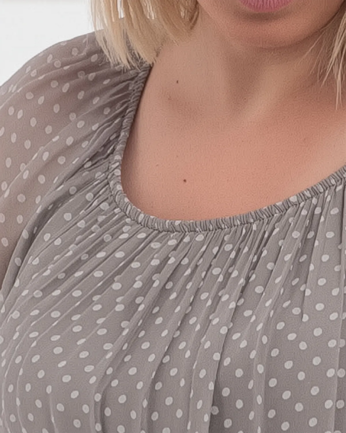 Rochie scurtă bej fango din mătase și vâscoză cu buline [2]