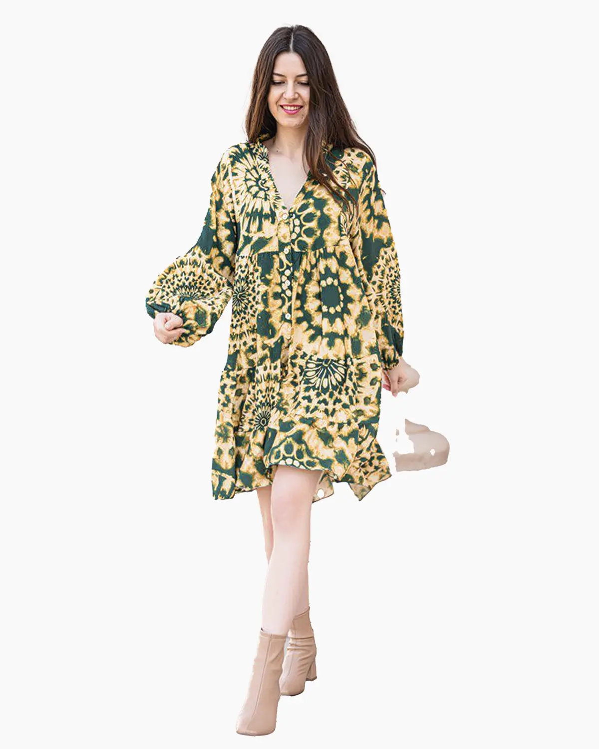 Rochii - Rochie tip bluza, pe fond verde cu galben