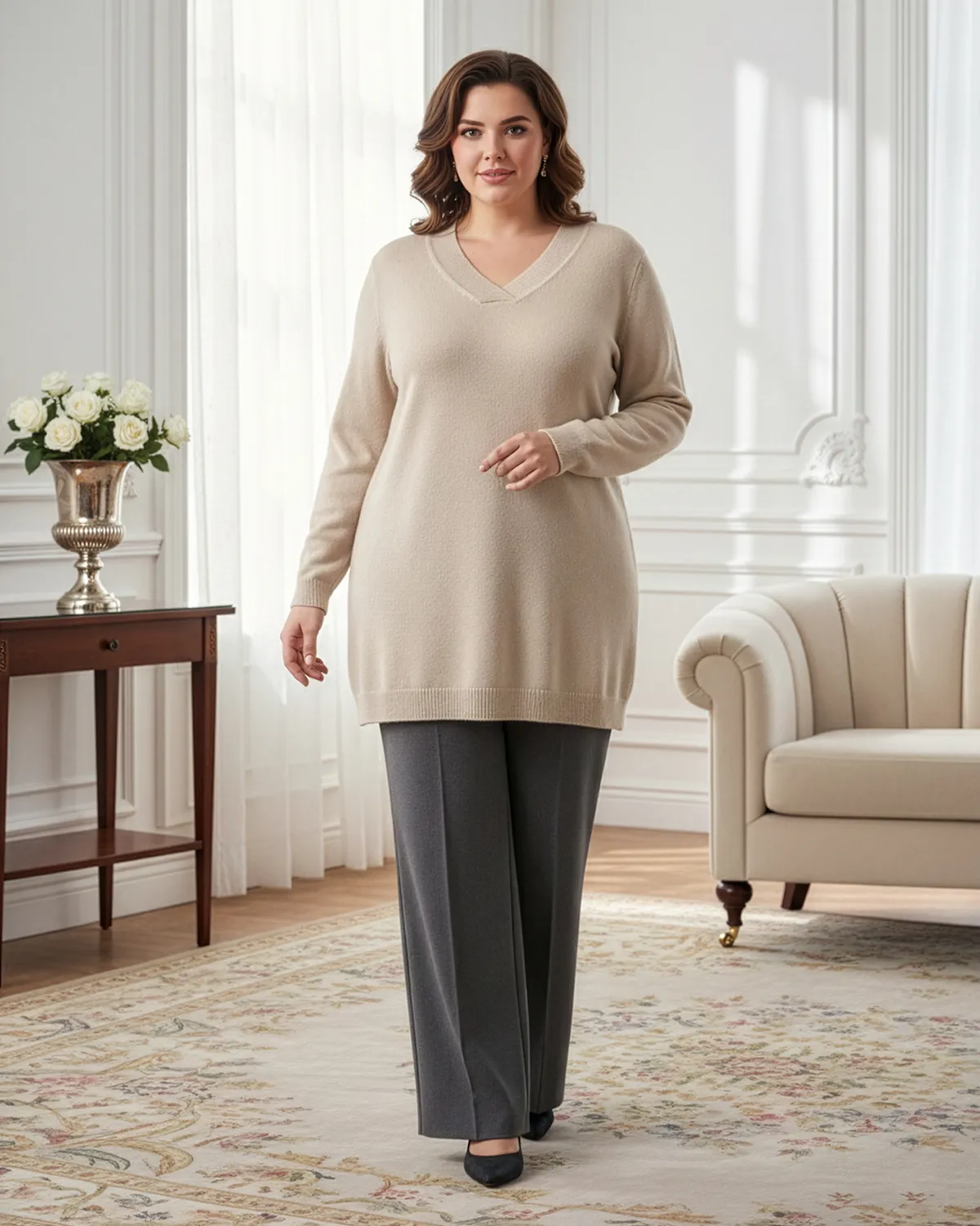 Rochie Tricotată V Neck Din Vâscoză și Elastan [2]