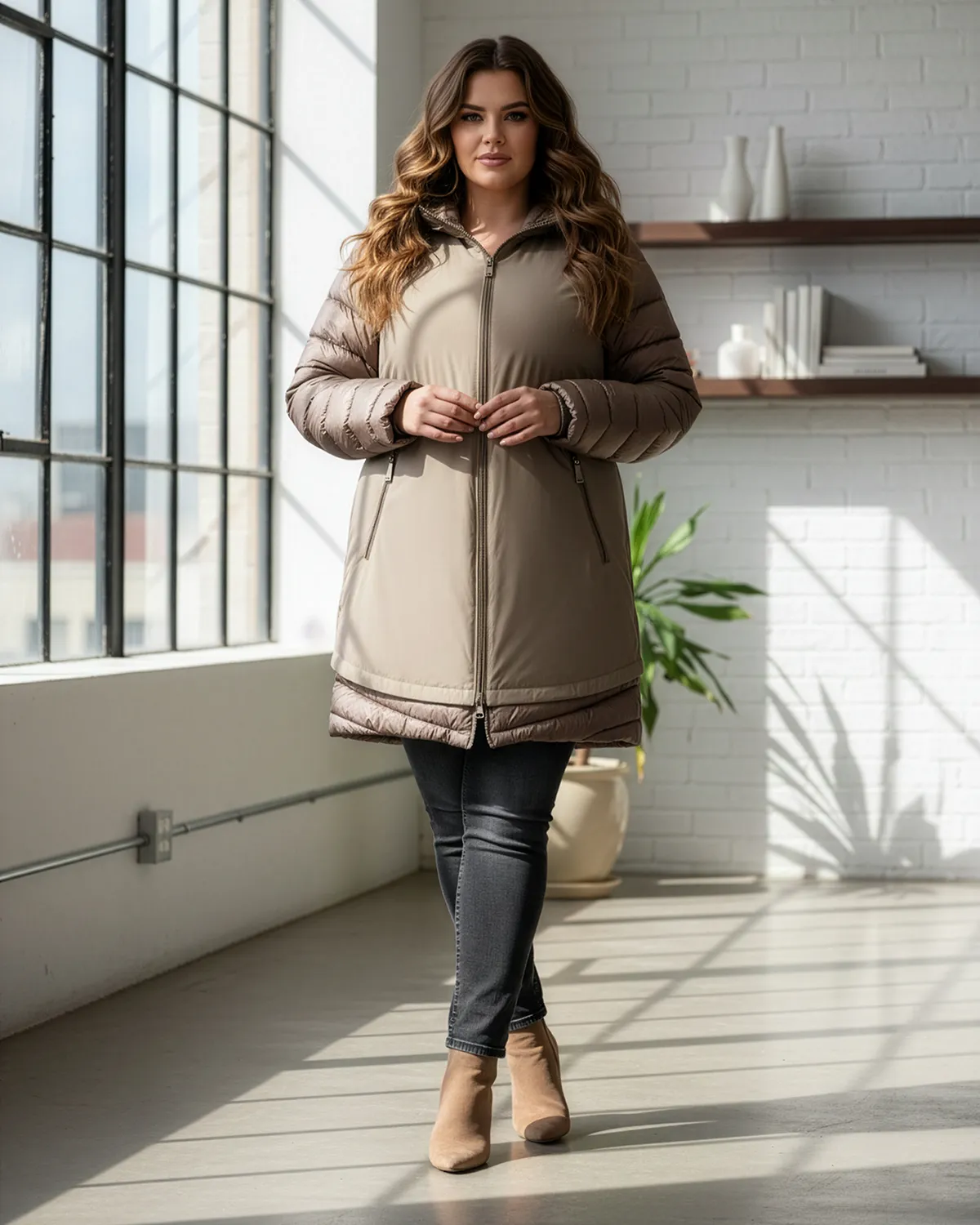 Geacă iarnă midi groasă din fâș matlasat, bej fango [2]