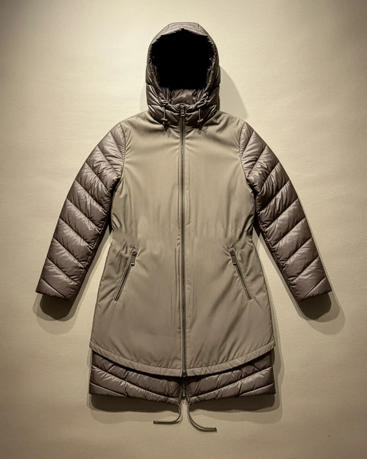 Geci - Geacă iarnă midi groasă din fâș matlasat, bej fango