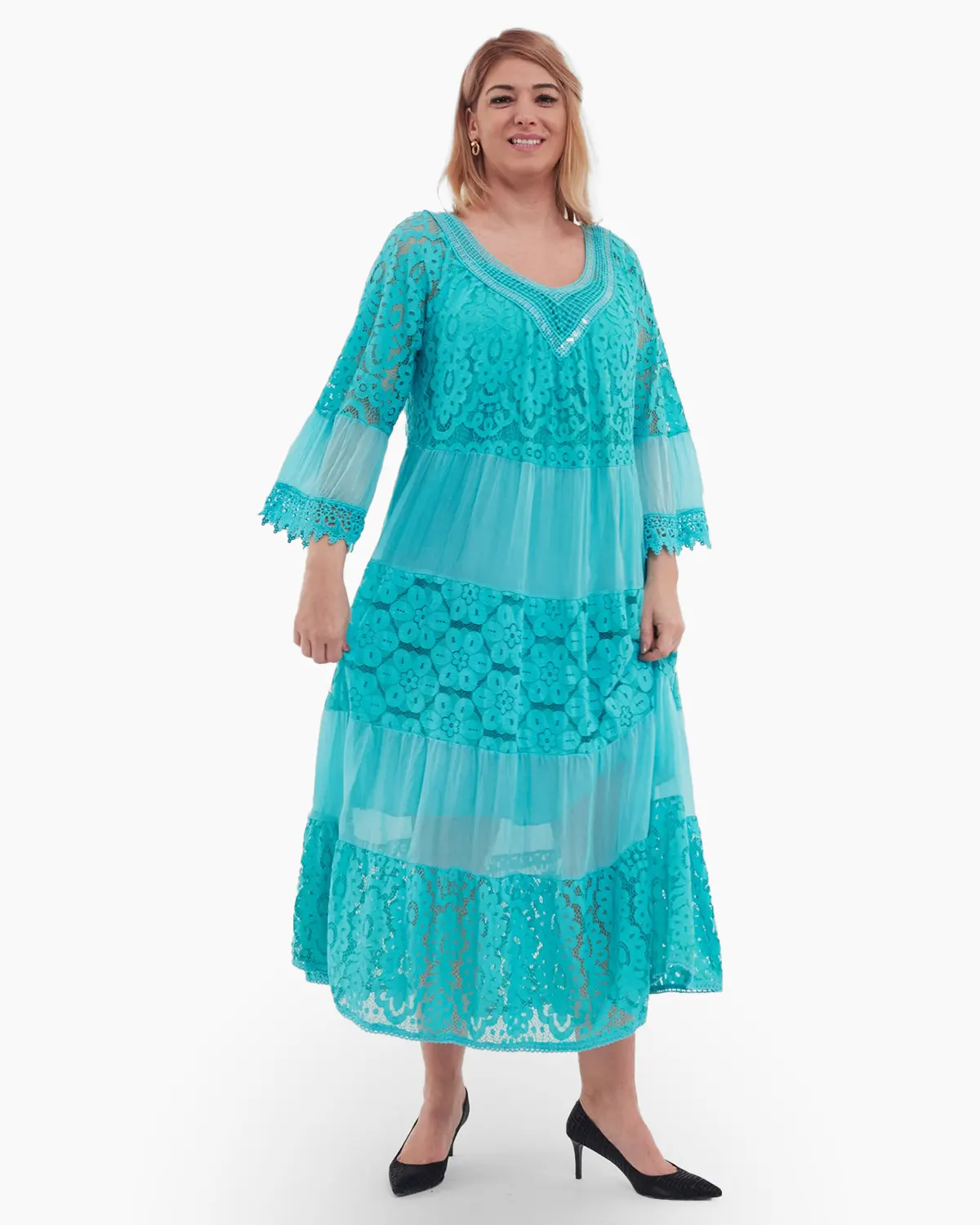 Rochie turcoaz deschis, cu matase si dantela [1]