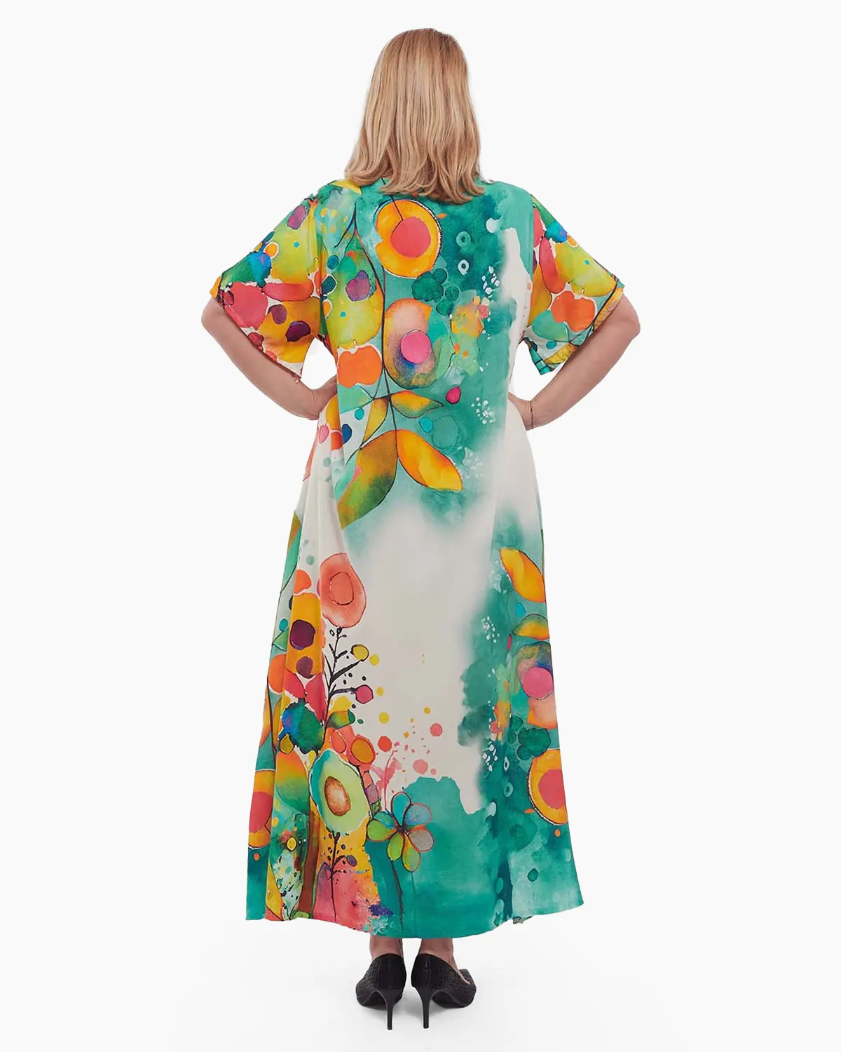 Rochie turcoaz maxi smart casual din vâscoză cu imprimeu floral și mâneci dolman [1]