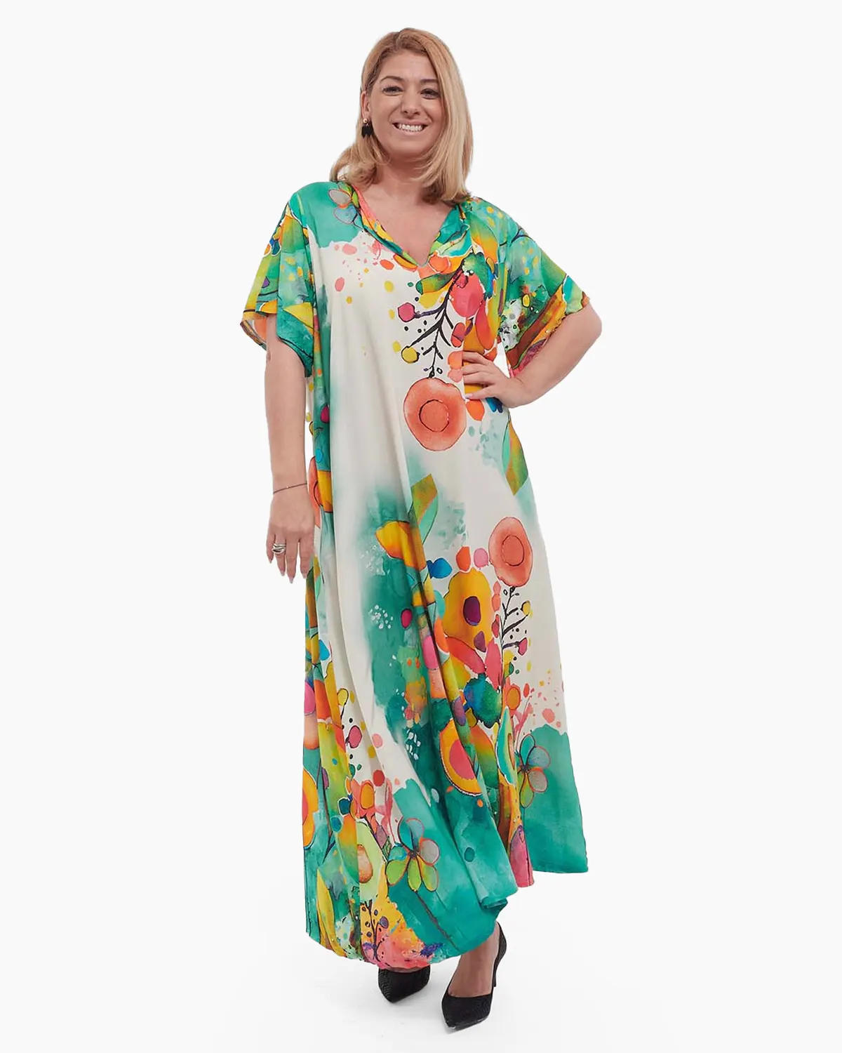 Rochii - Rochie turcoaz maxi smart casual din vâscoză cu imprimeu floral și mâneci dolman