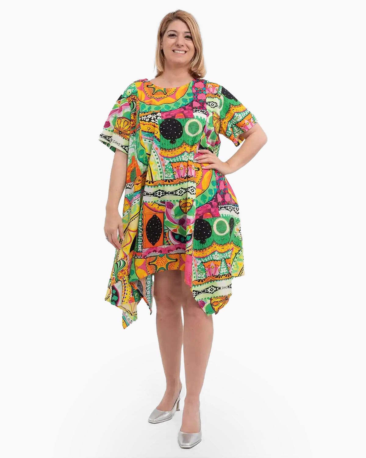 Haine damă - Rochie verde asimetrică cu laterale lungi, buzunare și cusături decorative