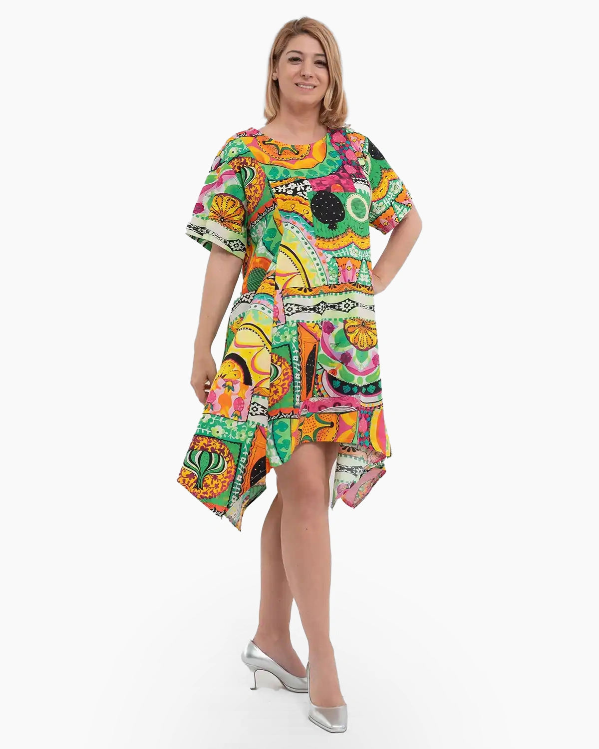 Rochie verde asimetrică cu laterale lungi, buzunare și cusături decorative [2]