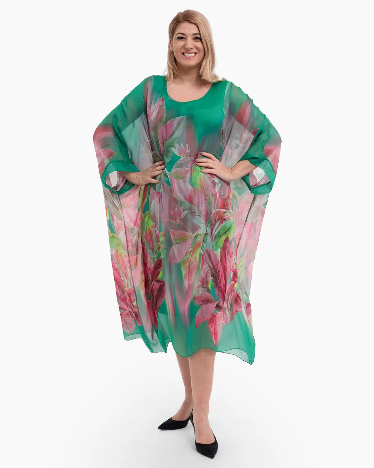 Rochii din Vâscoză - Rochie verde deschis cu matase si imprimeu floral roz