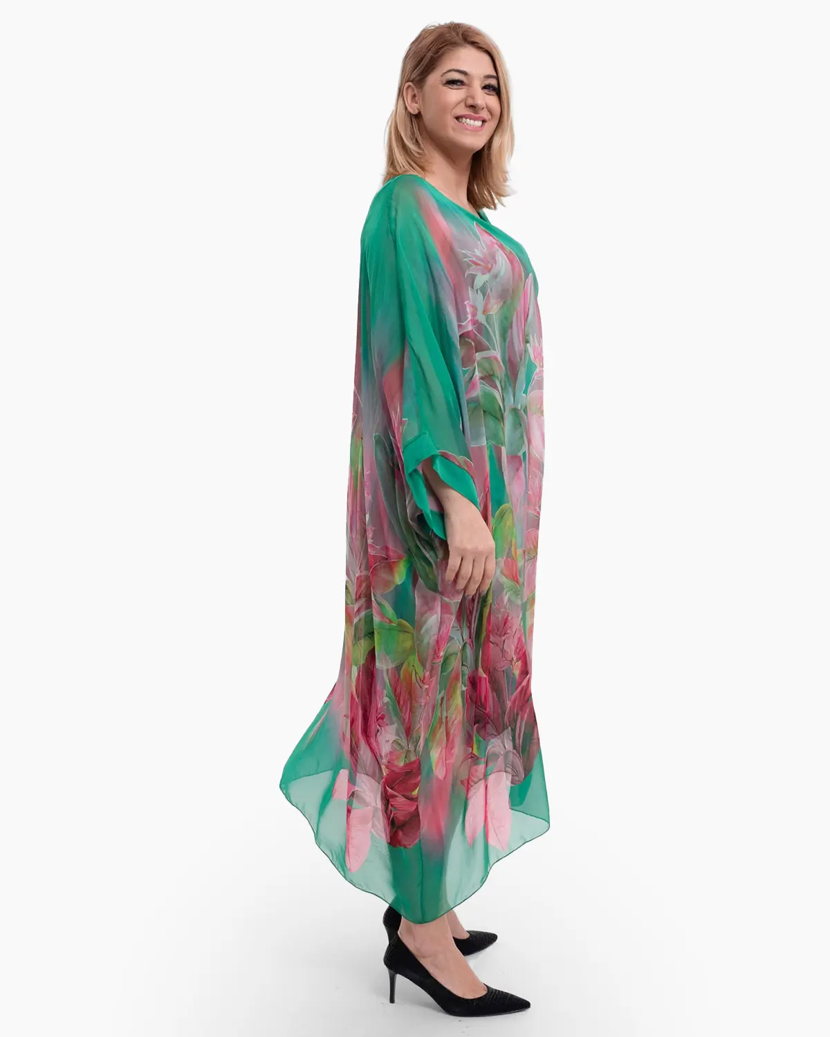 Rochie verde deschis cu matase si imprimeu floral roz [2]