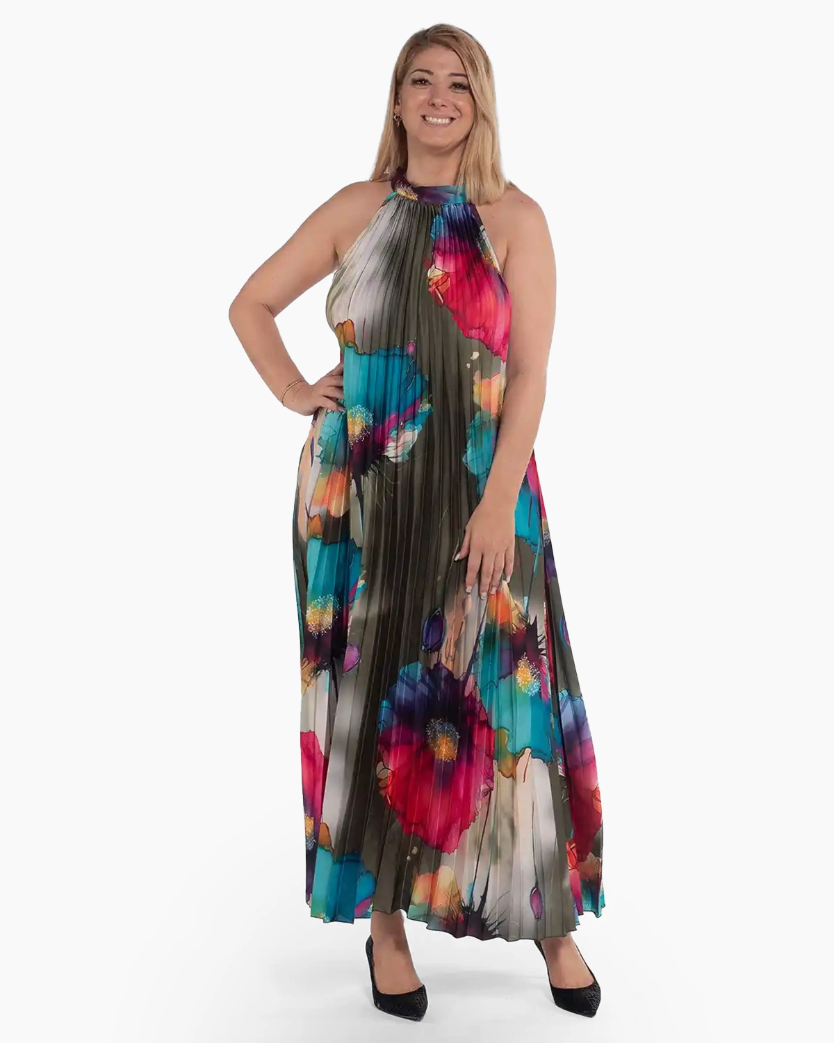 Rochii - Rochie verde glam maxi plisată cu imprimeu floral