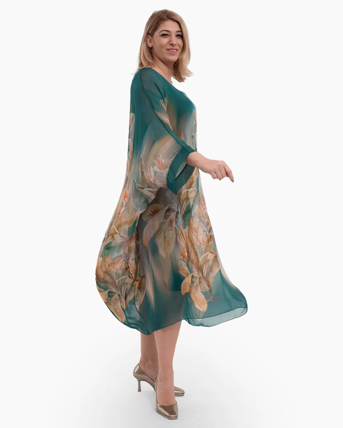 Rochie verde inchis cu matase si imprimeu floral bej [2]