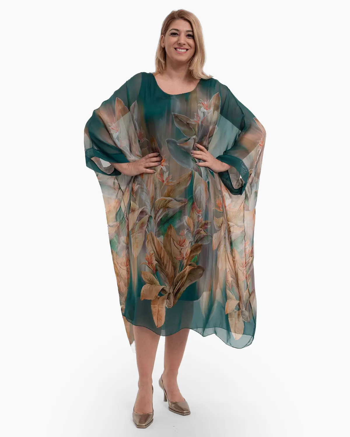 Rochii din Vâscoză - Rochie verde inchis cu matase si imprimeu floral bej