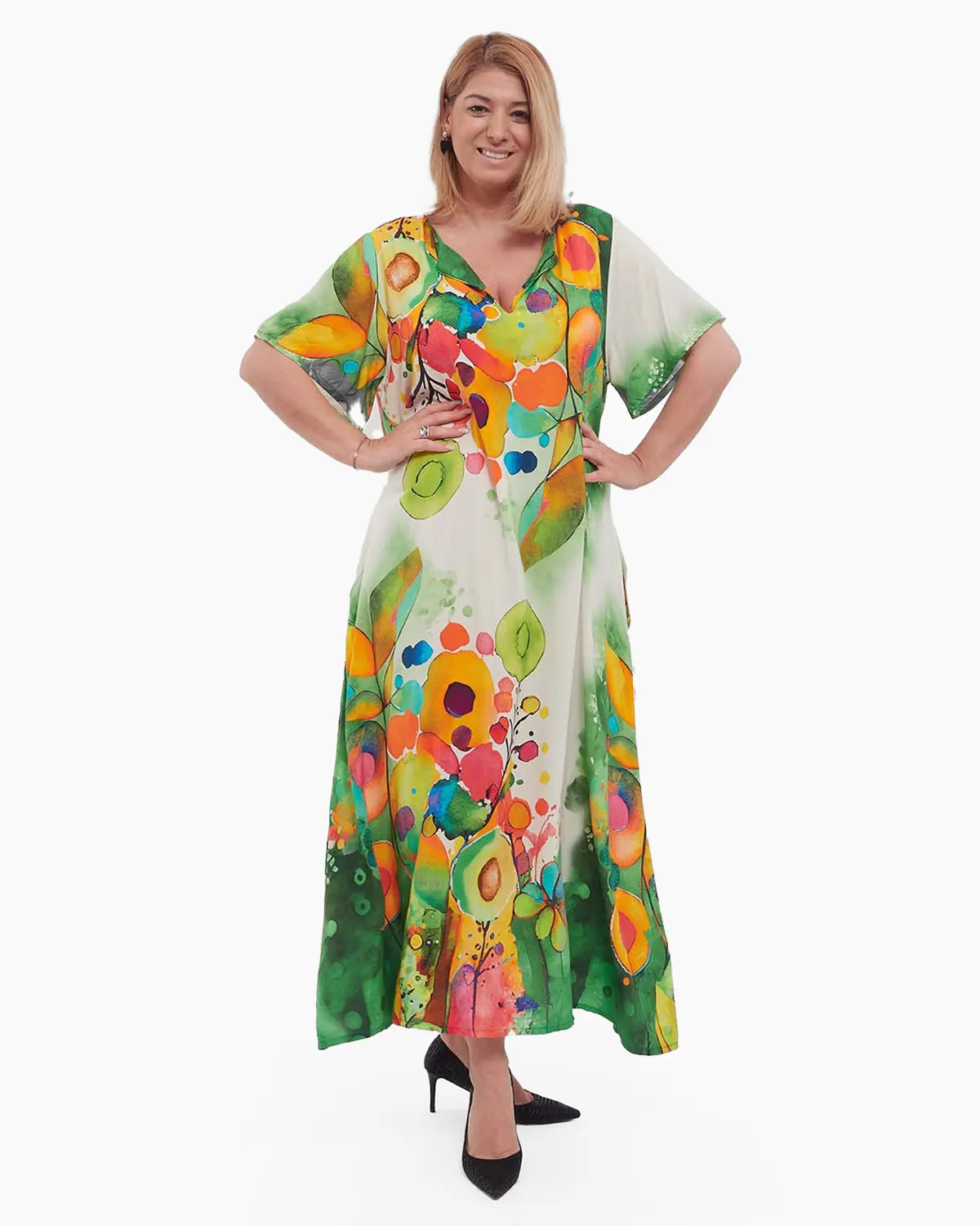 Rochie verde maxi A-line, fluidă și florală, stil smart casual [2]