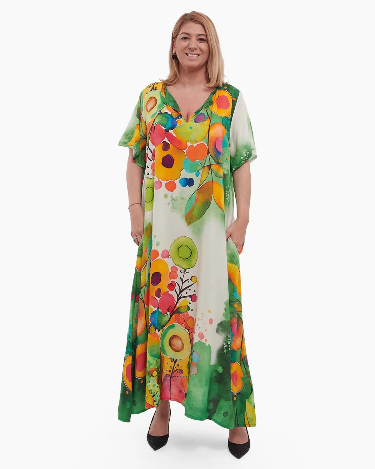 Rochii din Vâscoză - Rochie verde maxi A-line, fluidă și florală, stil smart casual