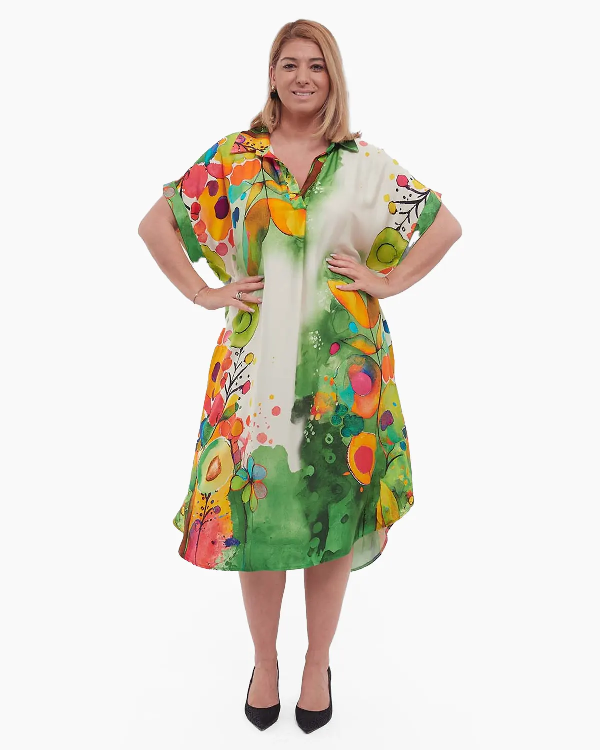 Rochii din Vâscoză - Rochie verde midi din vâscoză cu imprimeu floral stil smart casual plus-size
