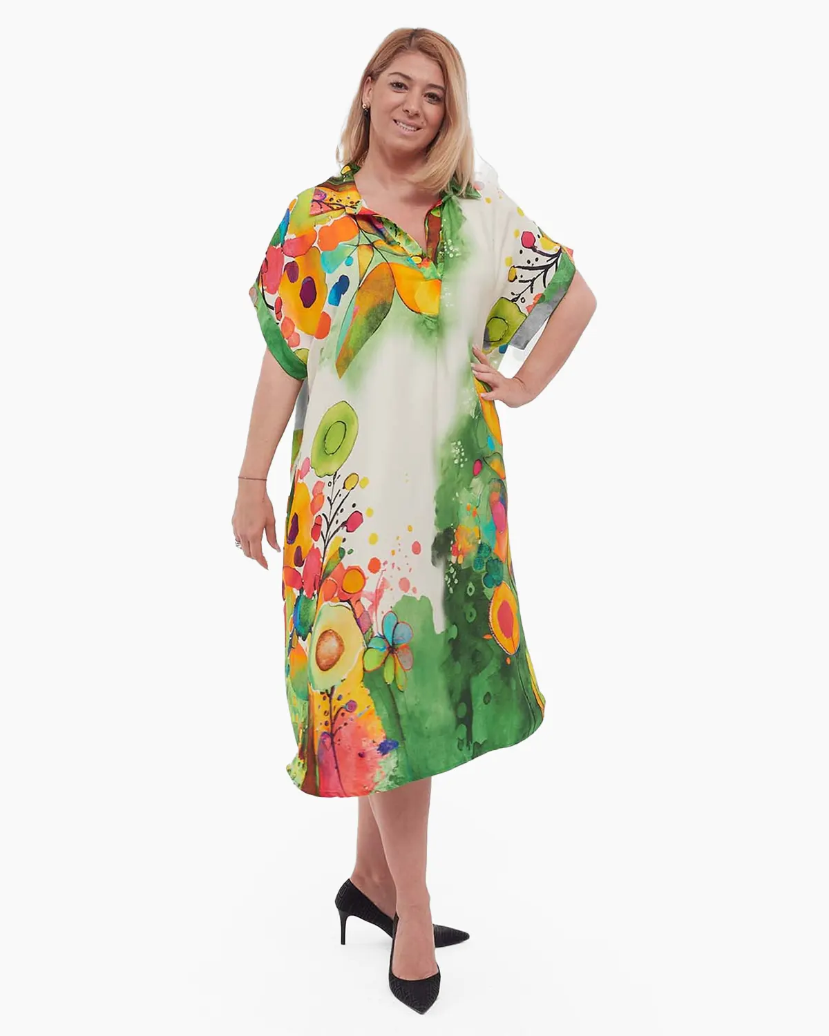 Rochie verde midi din vâscoză cu imprimeu floral stil smart casual plus-size [2]