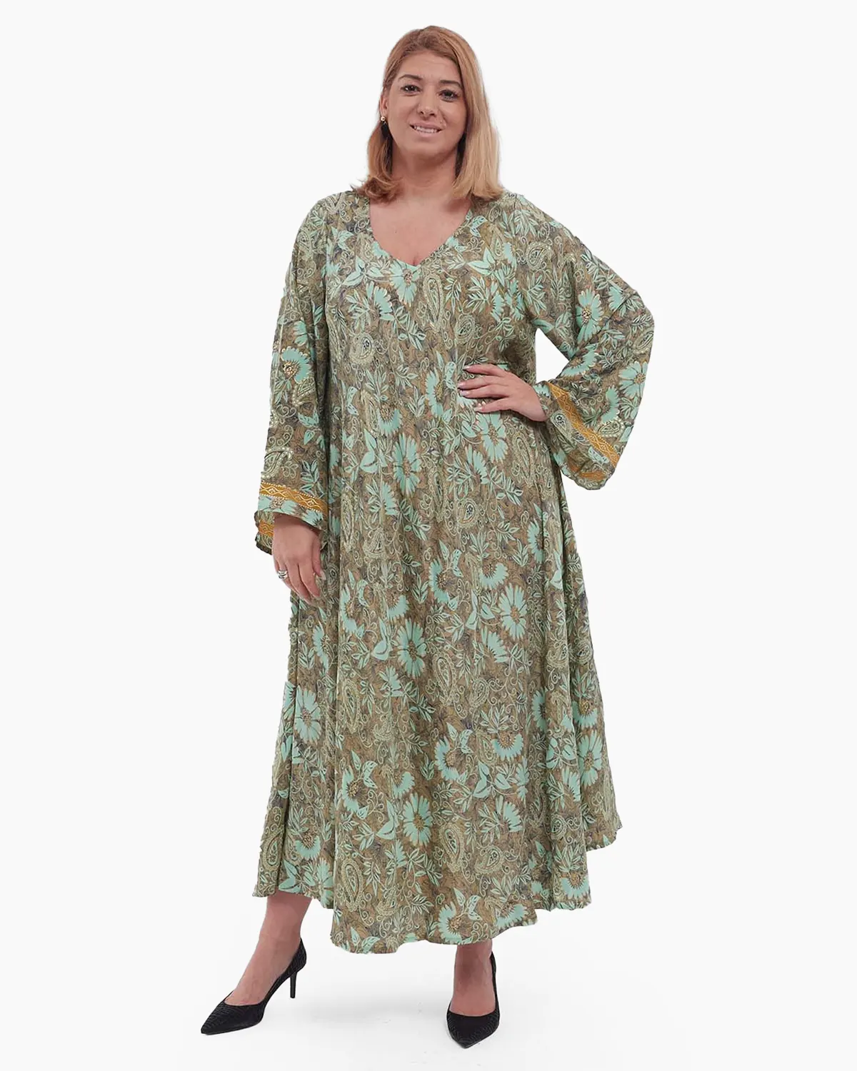 Rochii din Mătase - Rochie vernil maxi din mătase stil indian cu imprimeu floral
