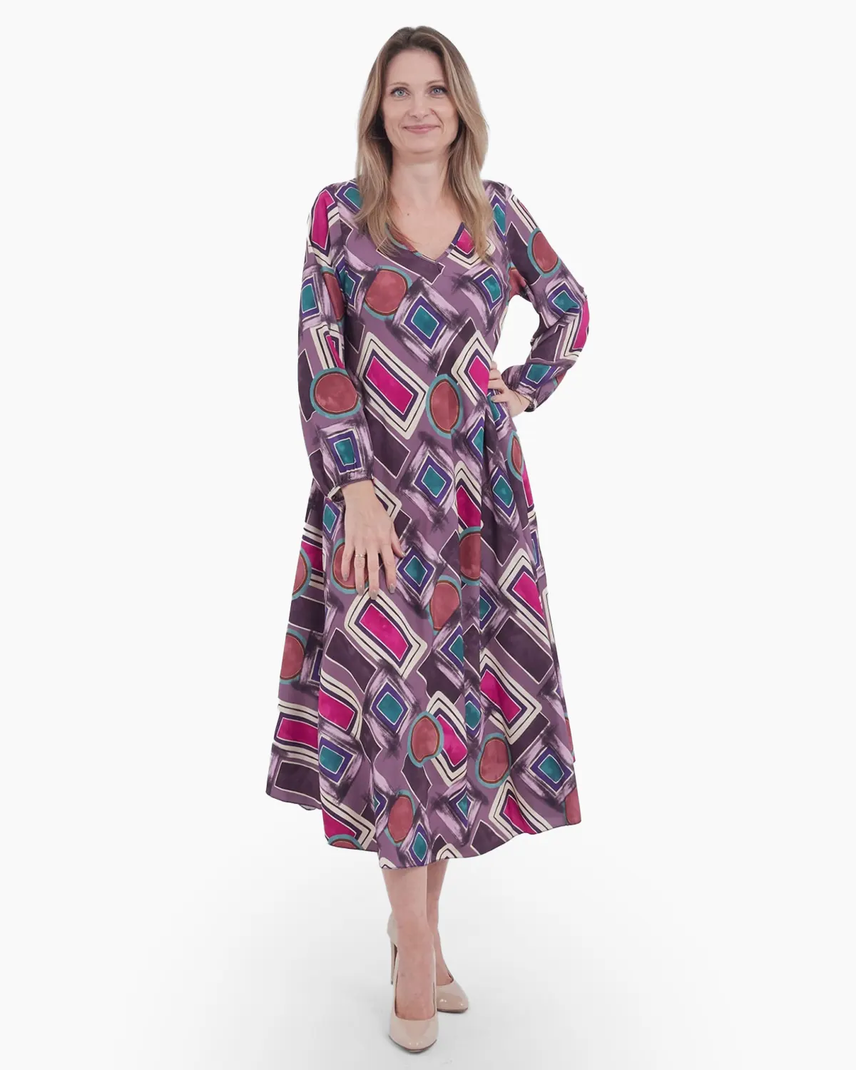 Haine damă - Rochie violet evazata, cu imprimeu geometric