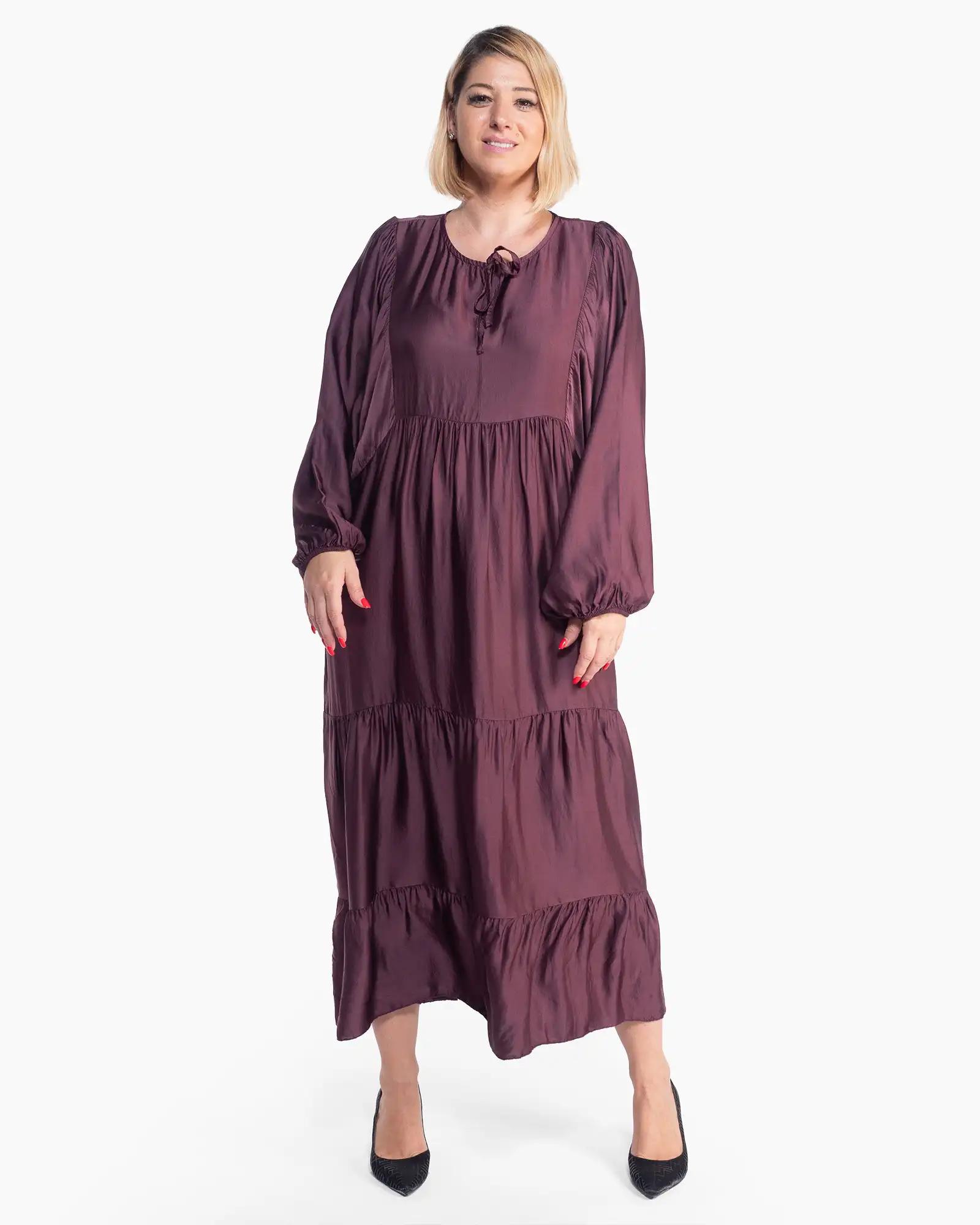 Produse noi - Rochie vișinie elegantă cu mâneci bufante și volane în trepte