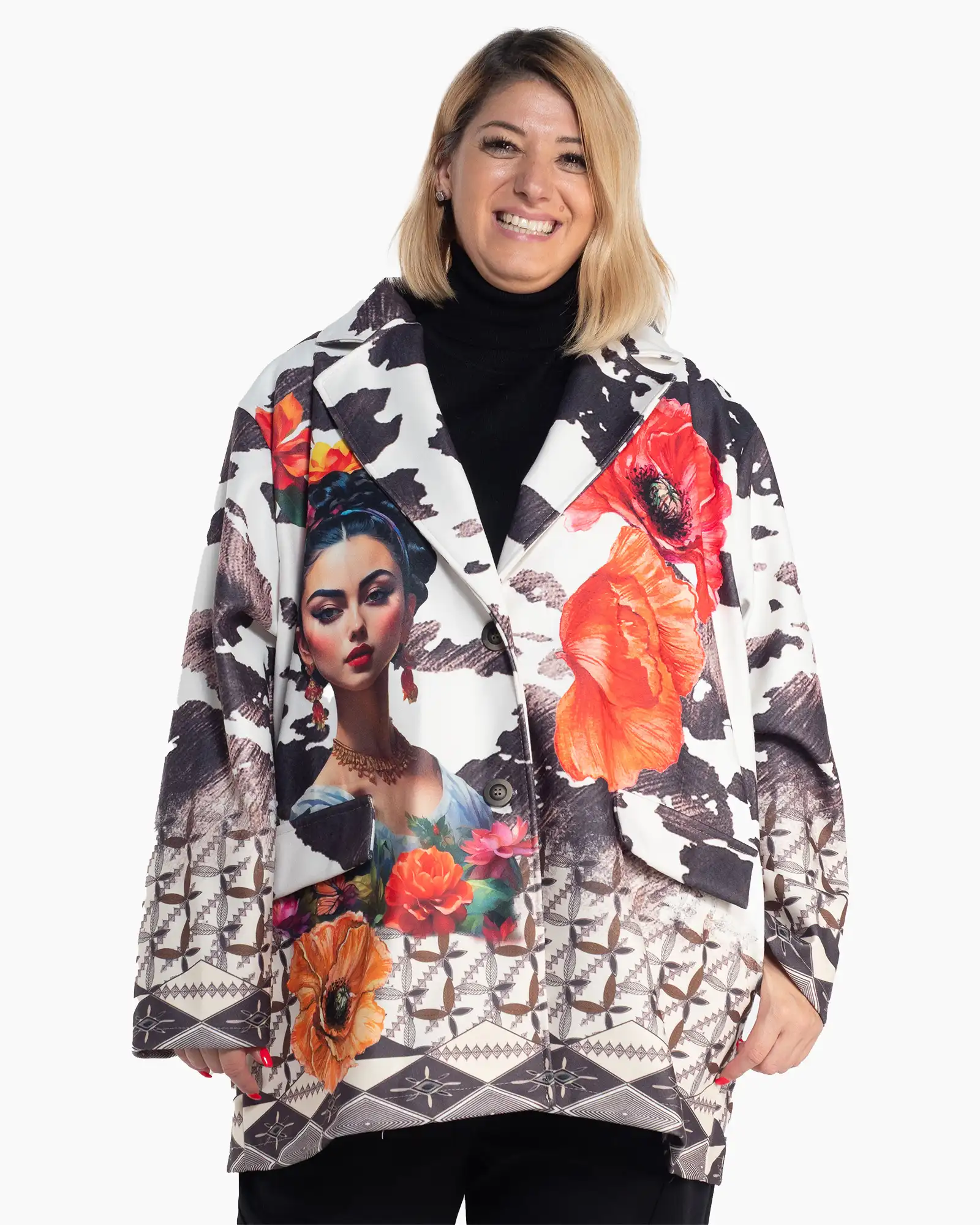 Jachete Casual - Sacou cu imprimeu artistic avangardist, multicolor, inspirat de Frida Kahlo
