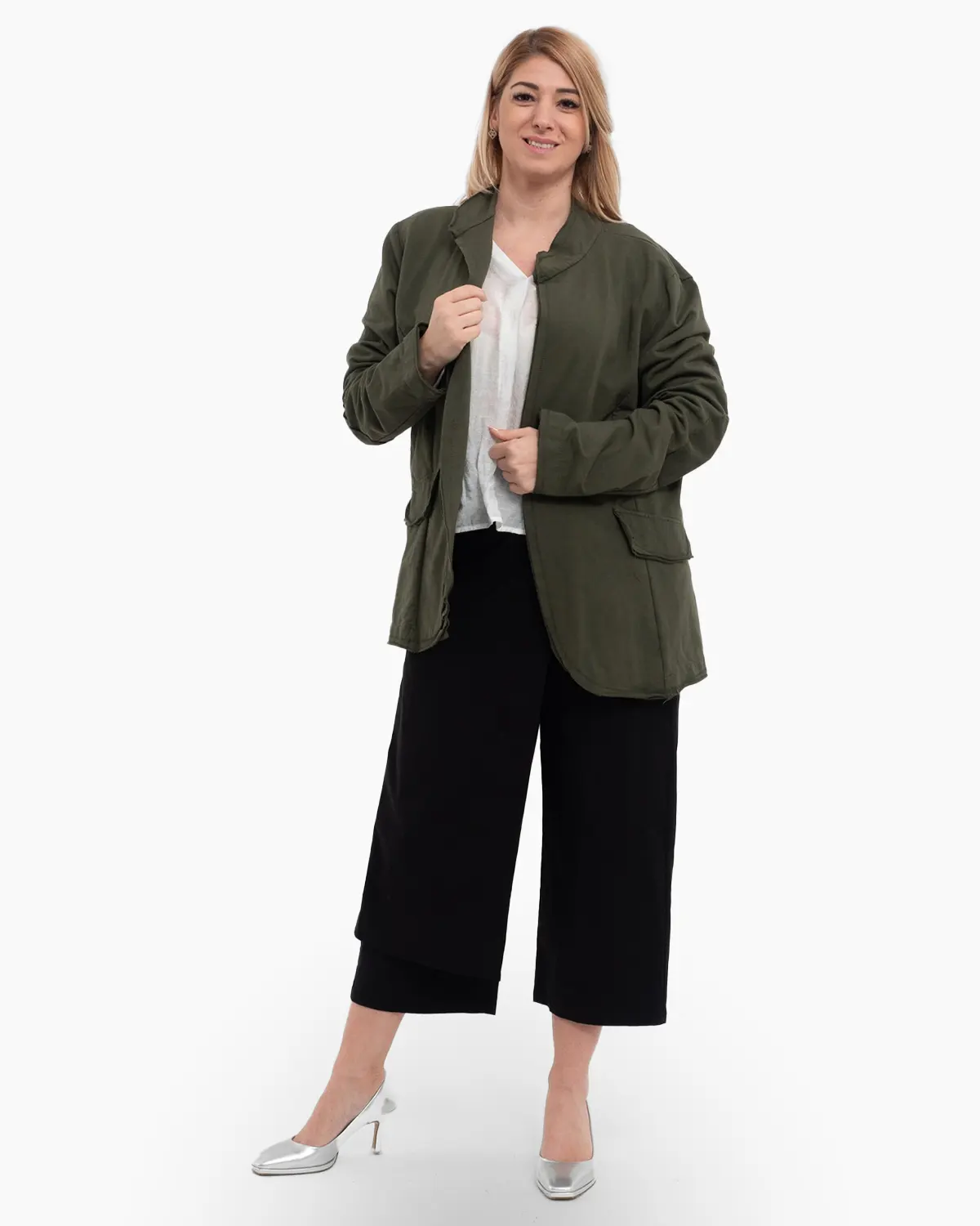 Sacouri - Sacou kaki casual cu guler tunica si buzunare false