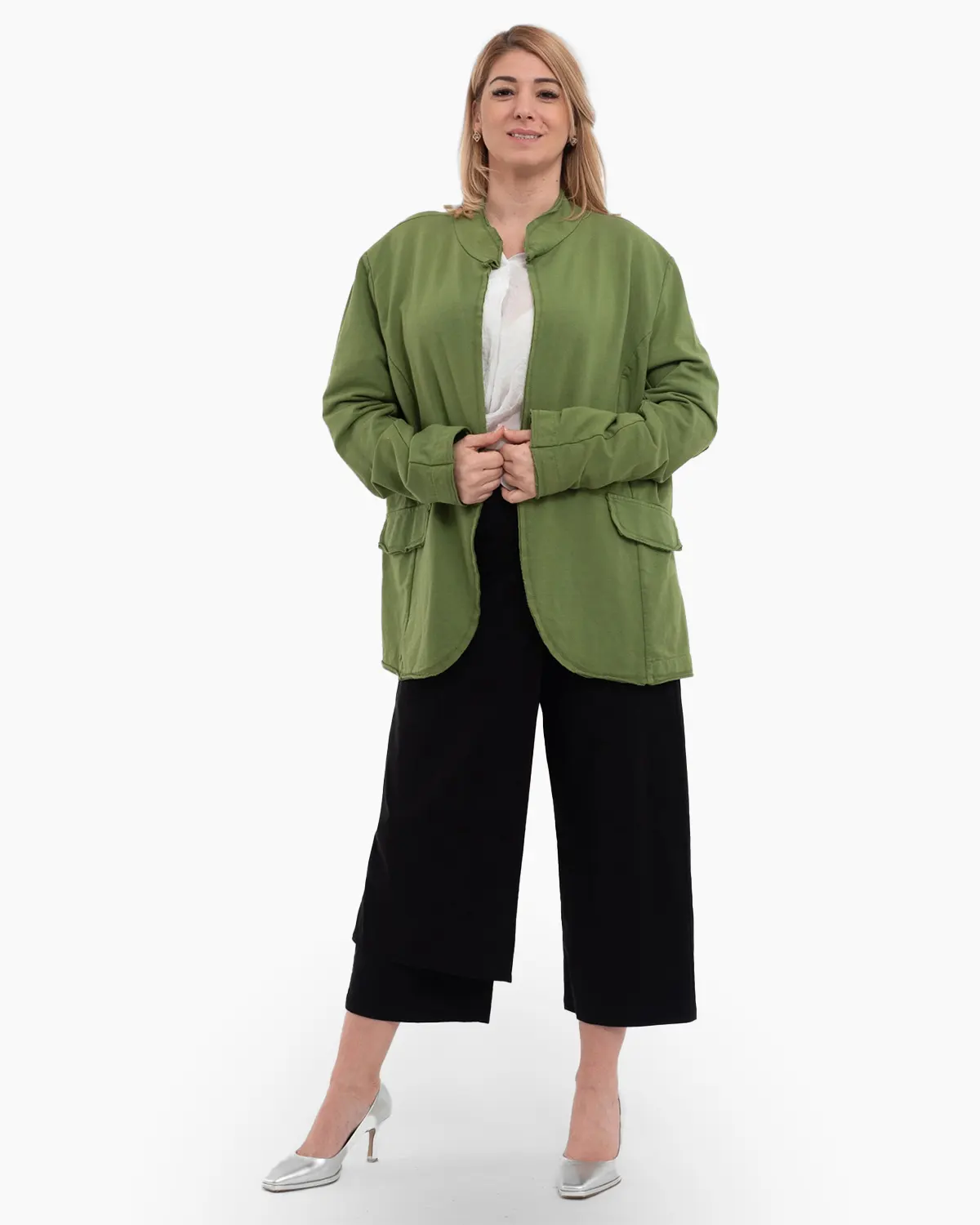 Sacouri - Sacou verde olive casual cu guler tunica si buzunare false
