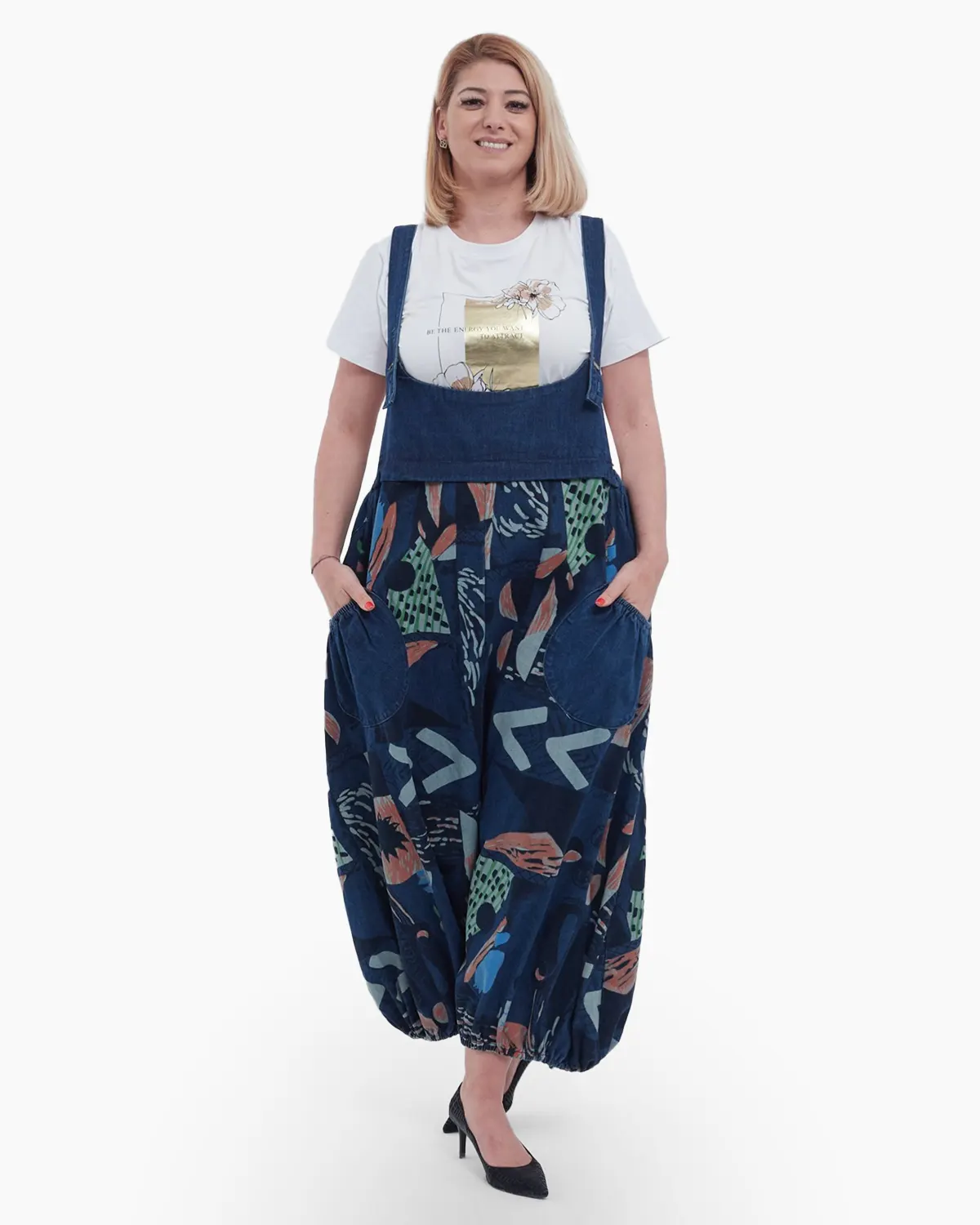 Salopetă Boho din Denim cu Croială Tip Balon și Imprimeu Abstract – Stil Confortabil și Creativ [2]