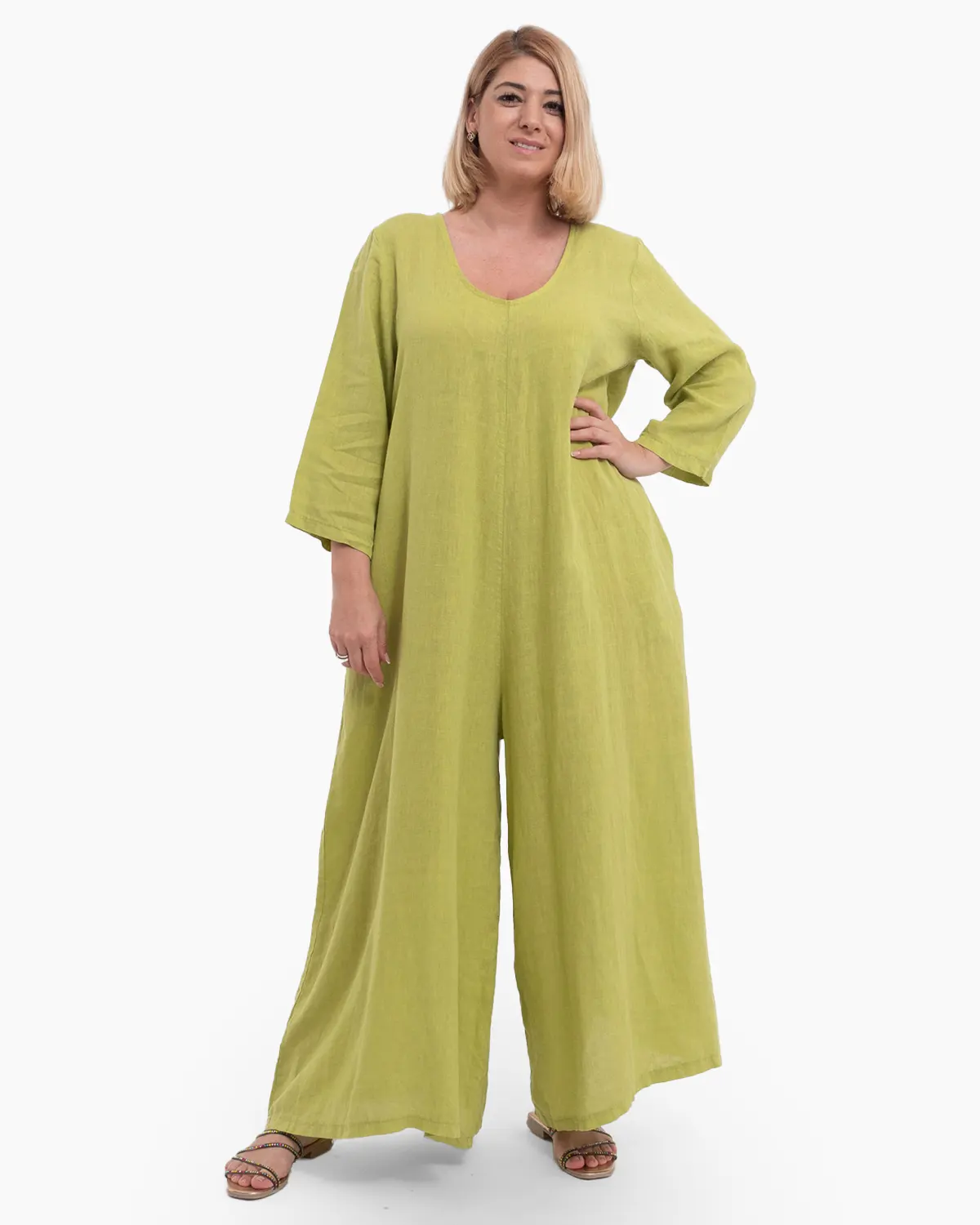 Salopete - Salopetă din in verde lime cu buzunare și design lejer