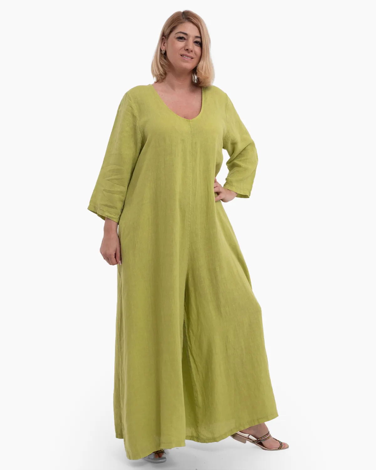 Salopetă din in verde lime cu buzunare și design lejer [2]