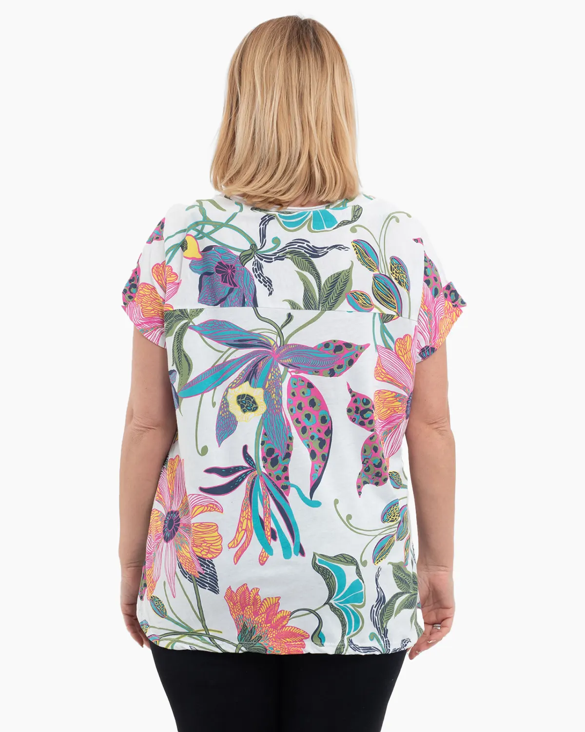 Tricou alb 'Chic Blossom' din bumbac, cu motive florale multicolore și cuvinte [1]