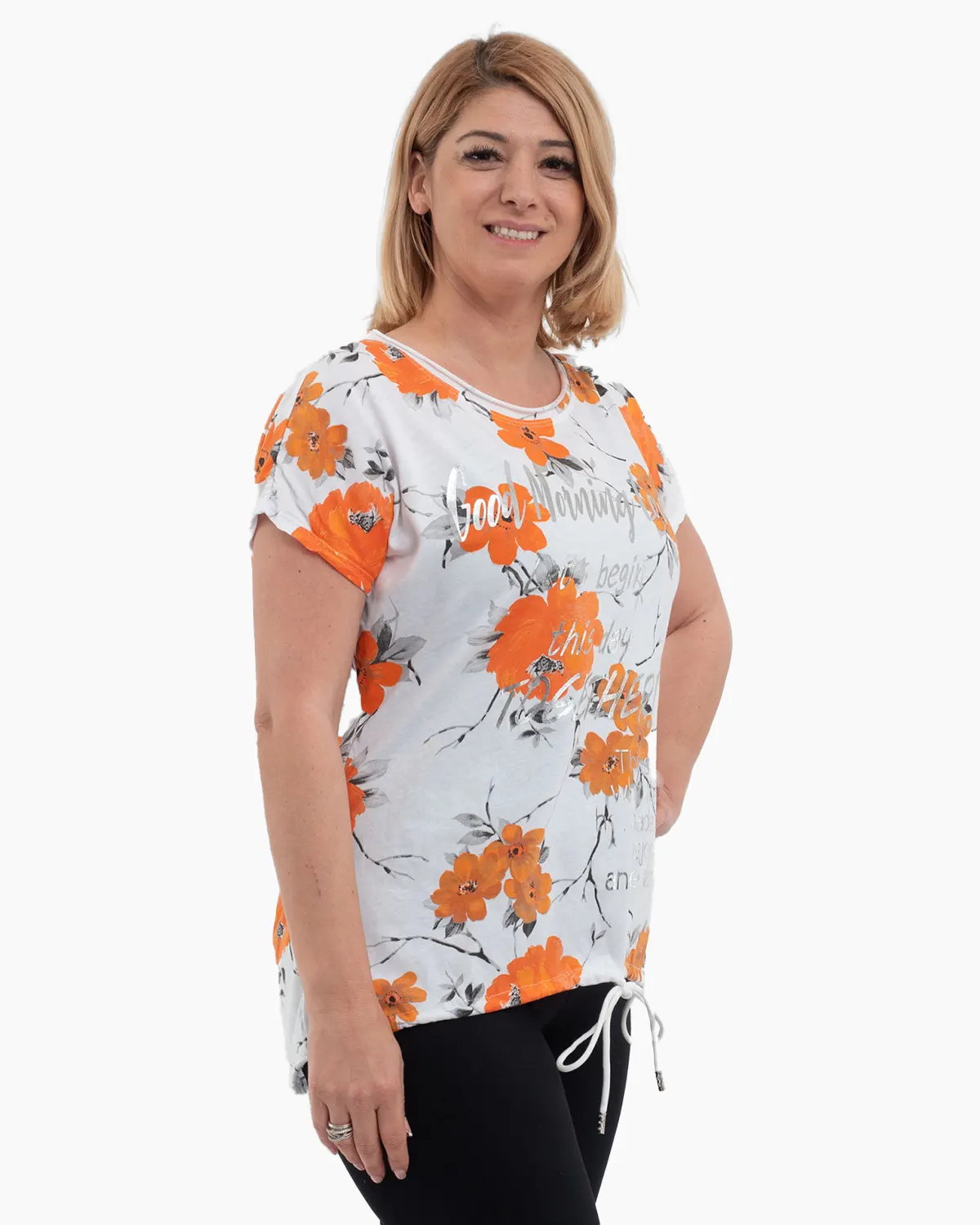Tricou alb 'Chic Blossom' din bumbac, cu motive florale portocalii și cuvinte [2]