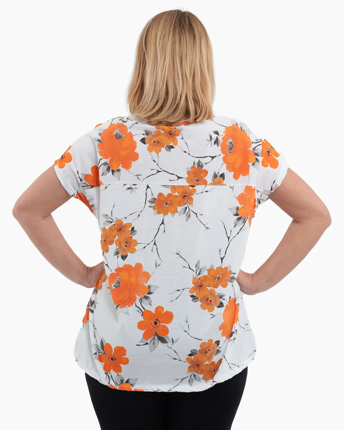 Tricou alb 'Chic Blossom' din bumbac, cu motive florale portocalii și cuvinte [1]