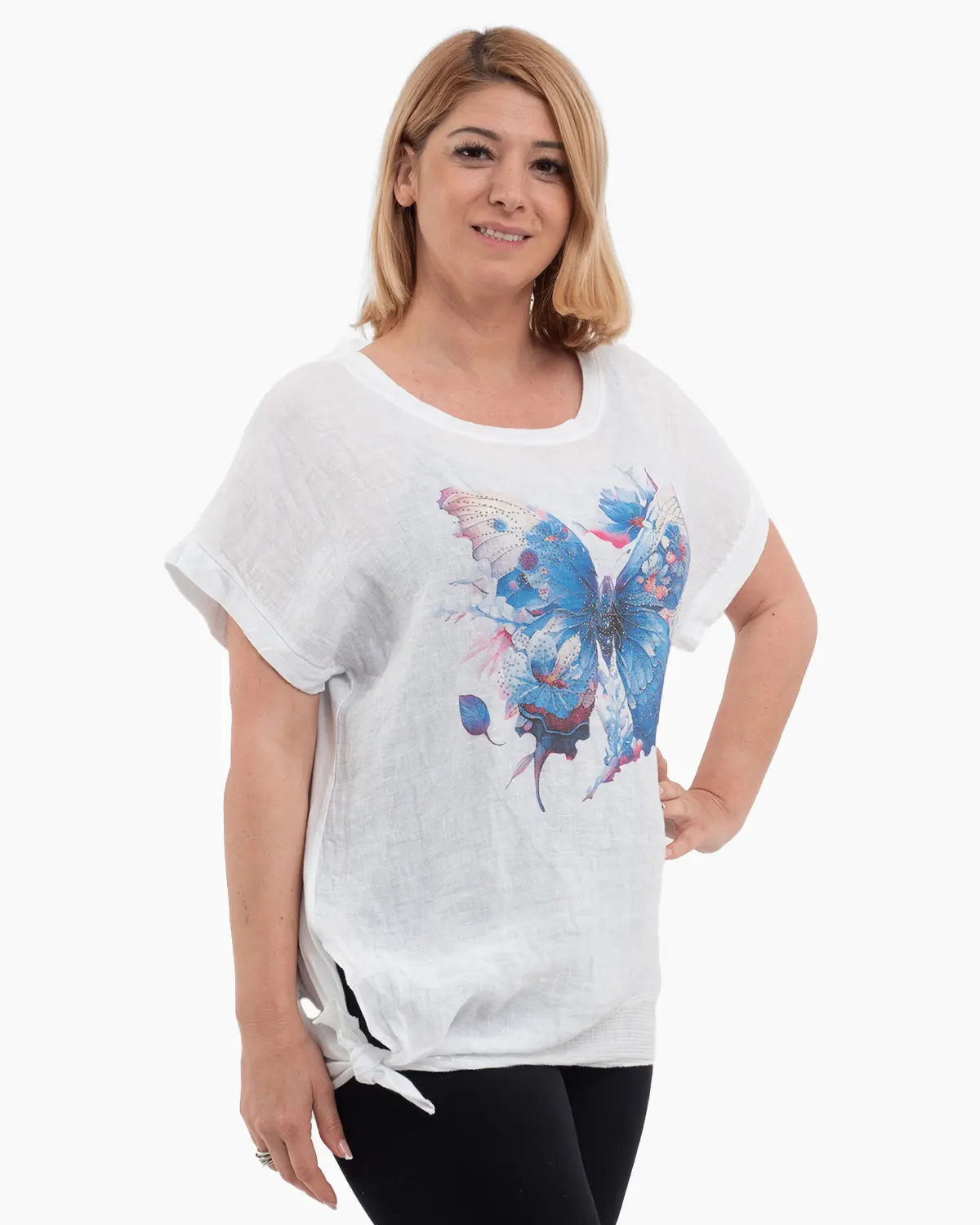 Tricou alb Fluture, din in si bumbac cu funda laterala [1]