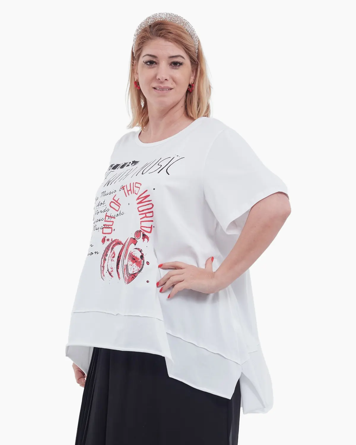 Tricou alb oversized cu imprimeu muzical și croială asimetrică pentru stil urban [1]