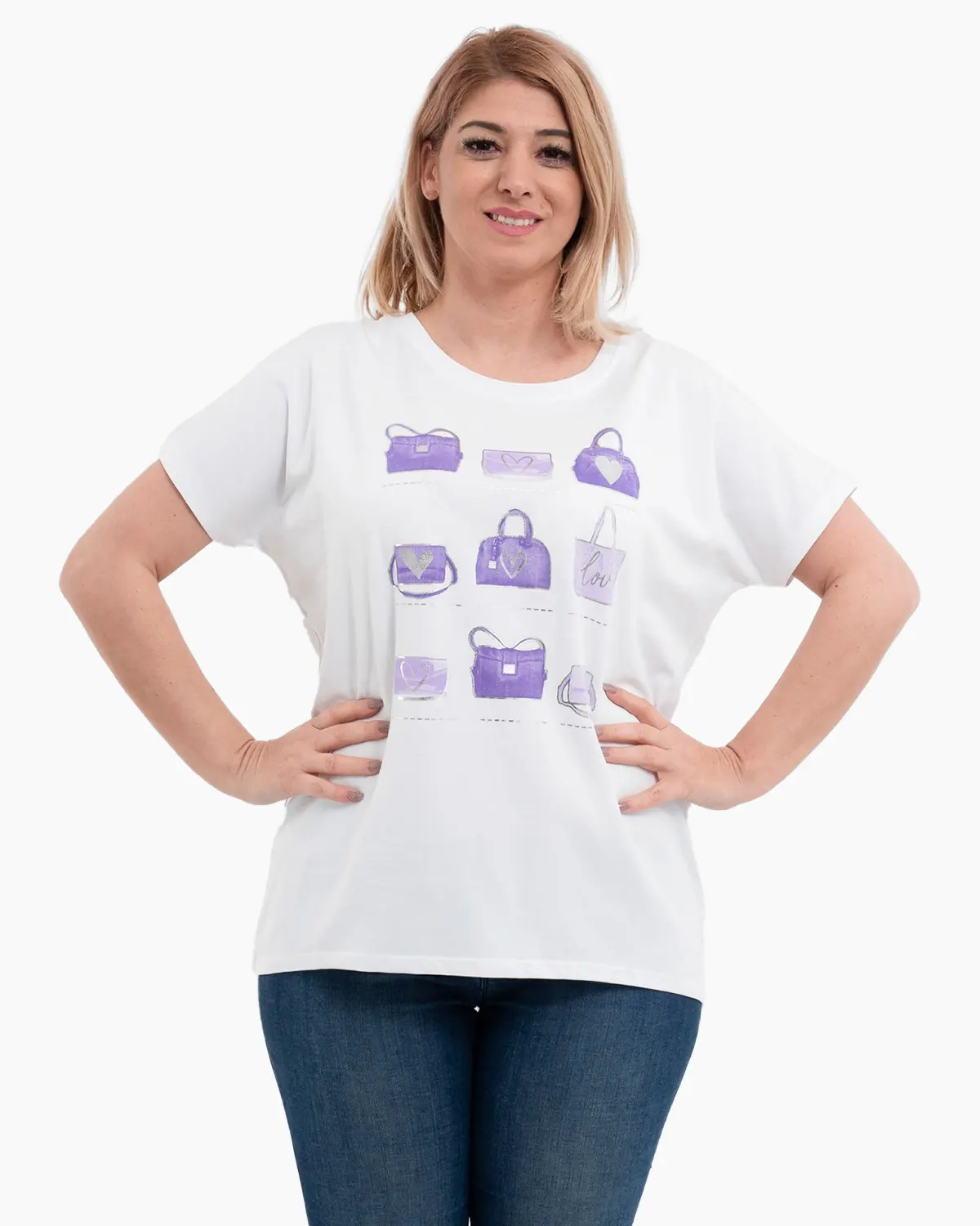 Tricouri - Tricou bumbac alb cu imprimeu accesorii, violet