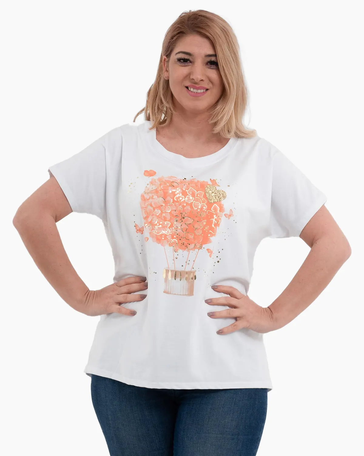 Tricouri - Tricou bumbac alb cu imprimeu balon din flori, orange
