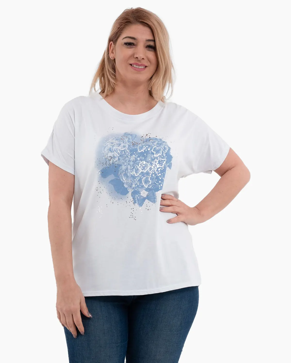 Tricouri - Tricou bumbac alb cu imprimeu floral, albastru